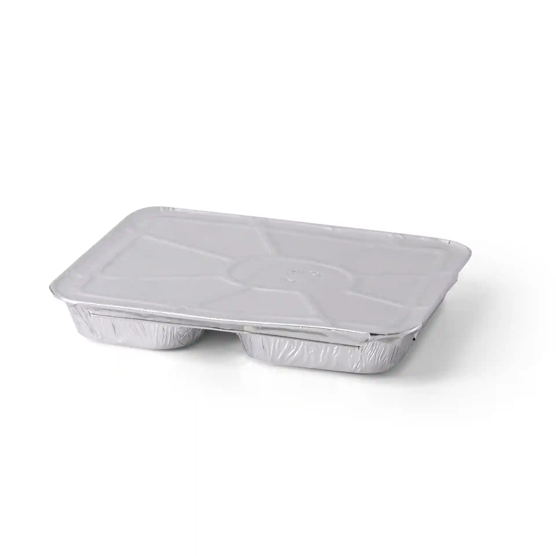 Plateau de repas en aluminium rectangulaire avec deux compartiments, mesurant 22,7 x 17,7 x 3 cm.