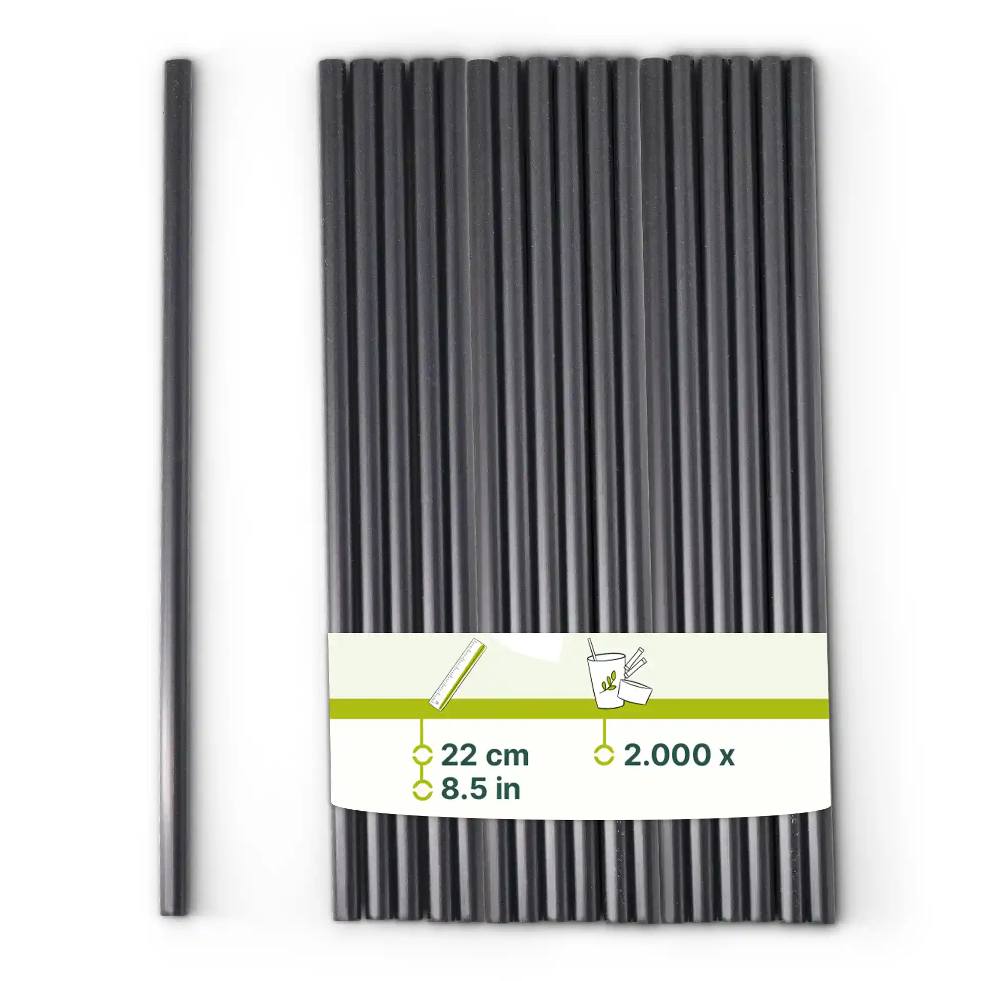 Pailles réutilisables noires, 22 cm de long et 0,7 cm de diamètre, disposées avec une étiquette indiquant les dimensions et la quantité.