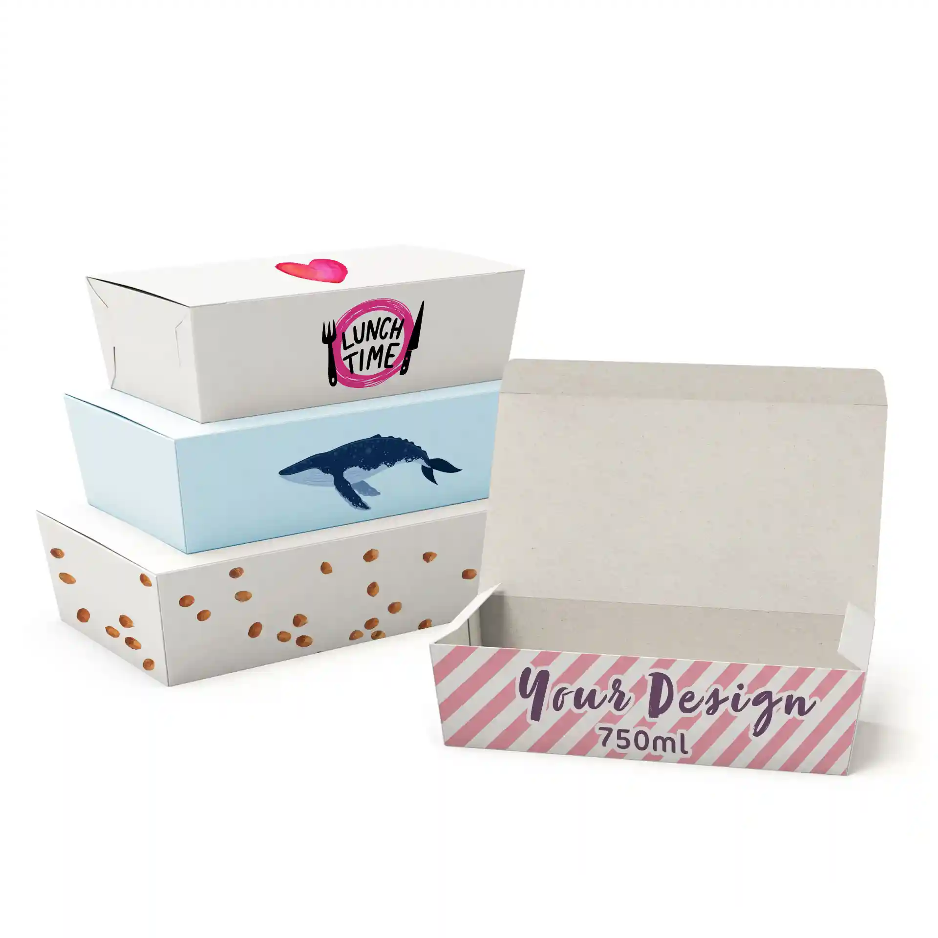 Empilement de quatre boîtes à snacks imprimées dans divers designs, y compris une baleine, des pois et une boîte personnalisable, avec une ouverte.