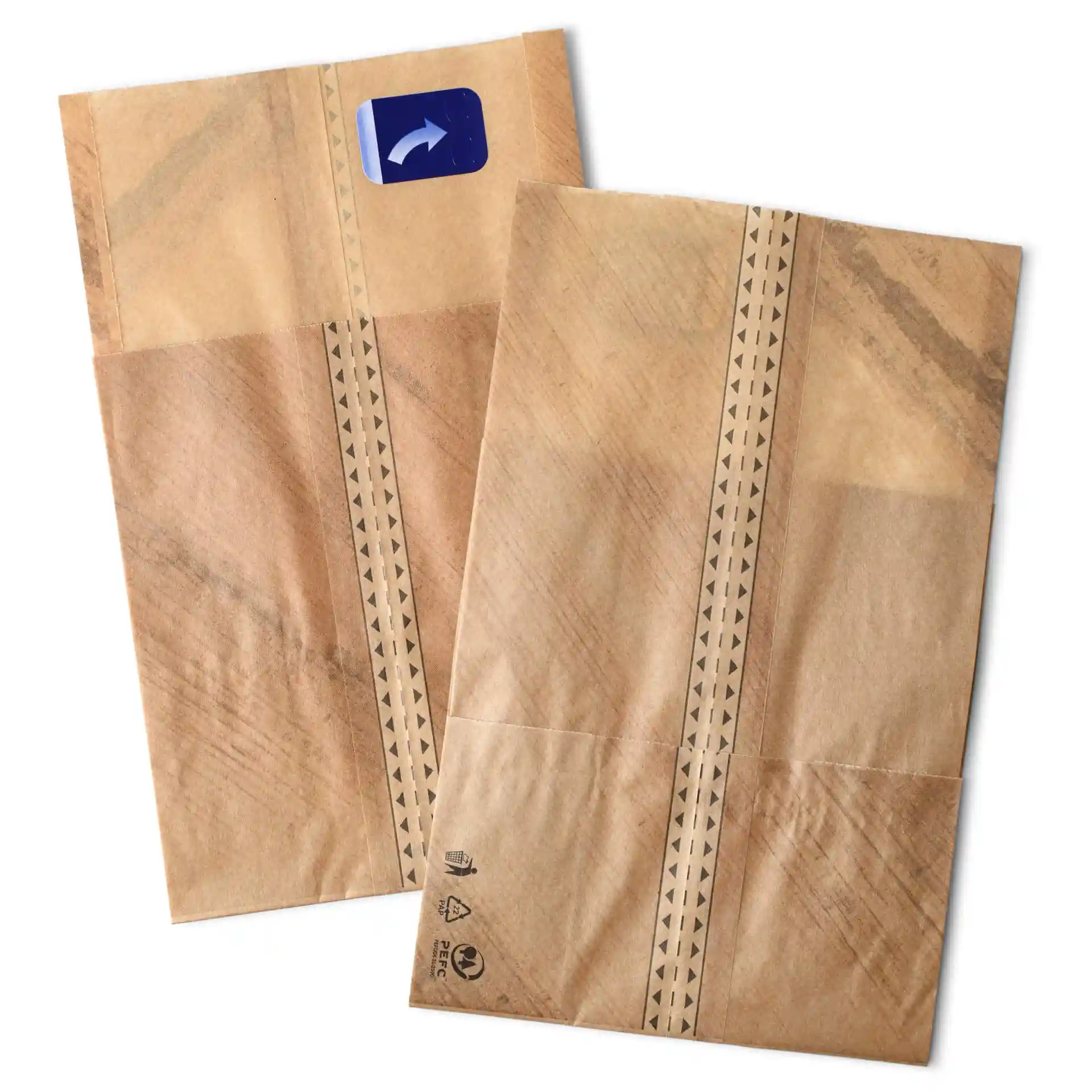 Deux sacs à burger en papier kraft avec des scellés adhésifs, présentant un design imprimé et un motif triangulaire le long de la couture.