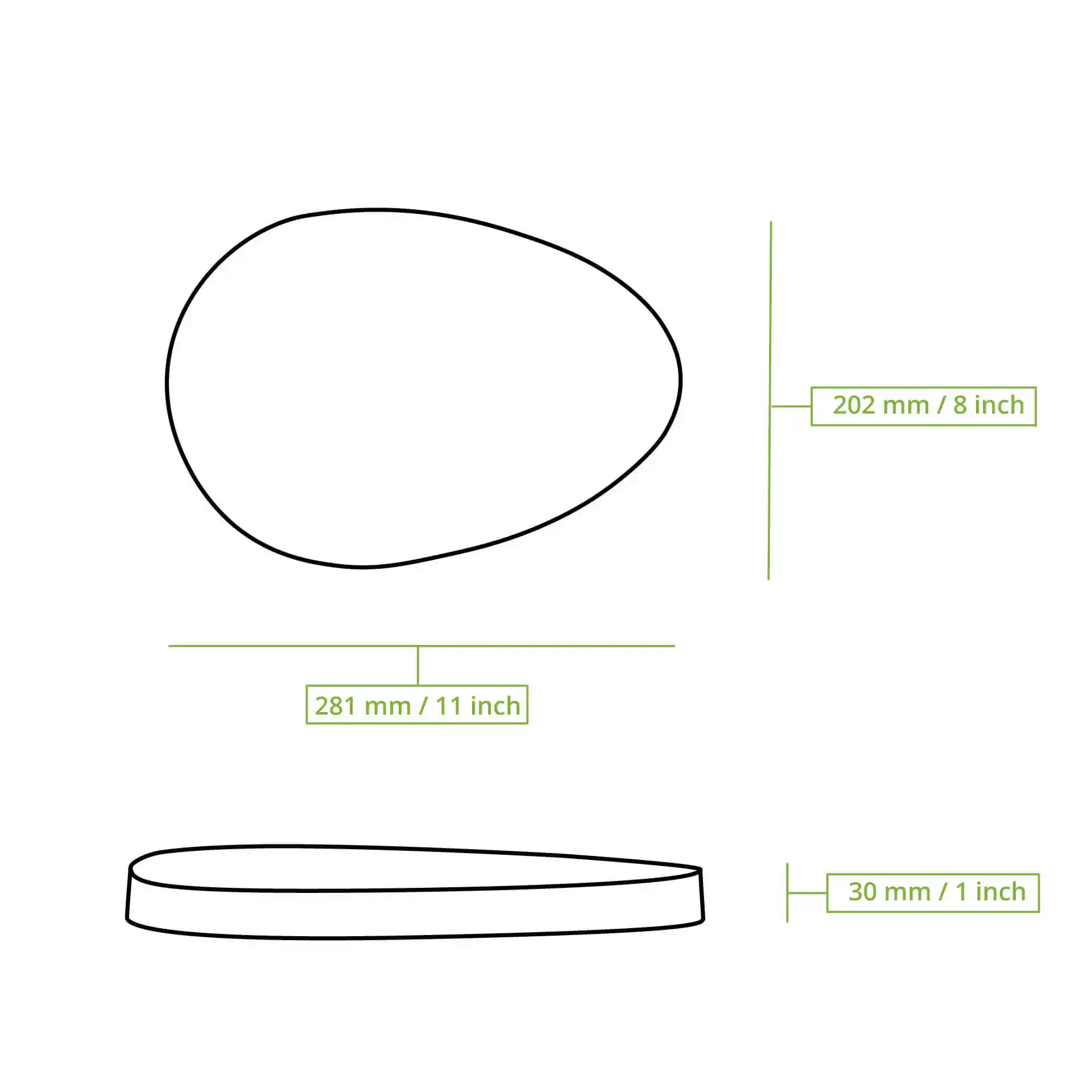 Dessin schématique d'un couvercle réutilisable avec des dimensions : 281 mm de longueur, 202 mm de largeur et 30 mm de hauteur.