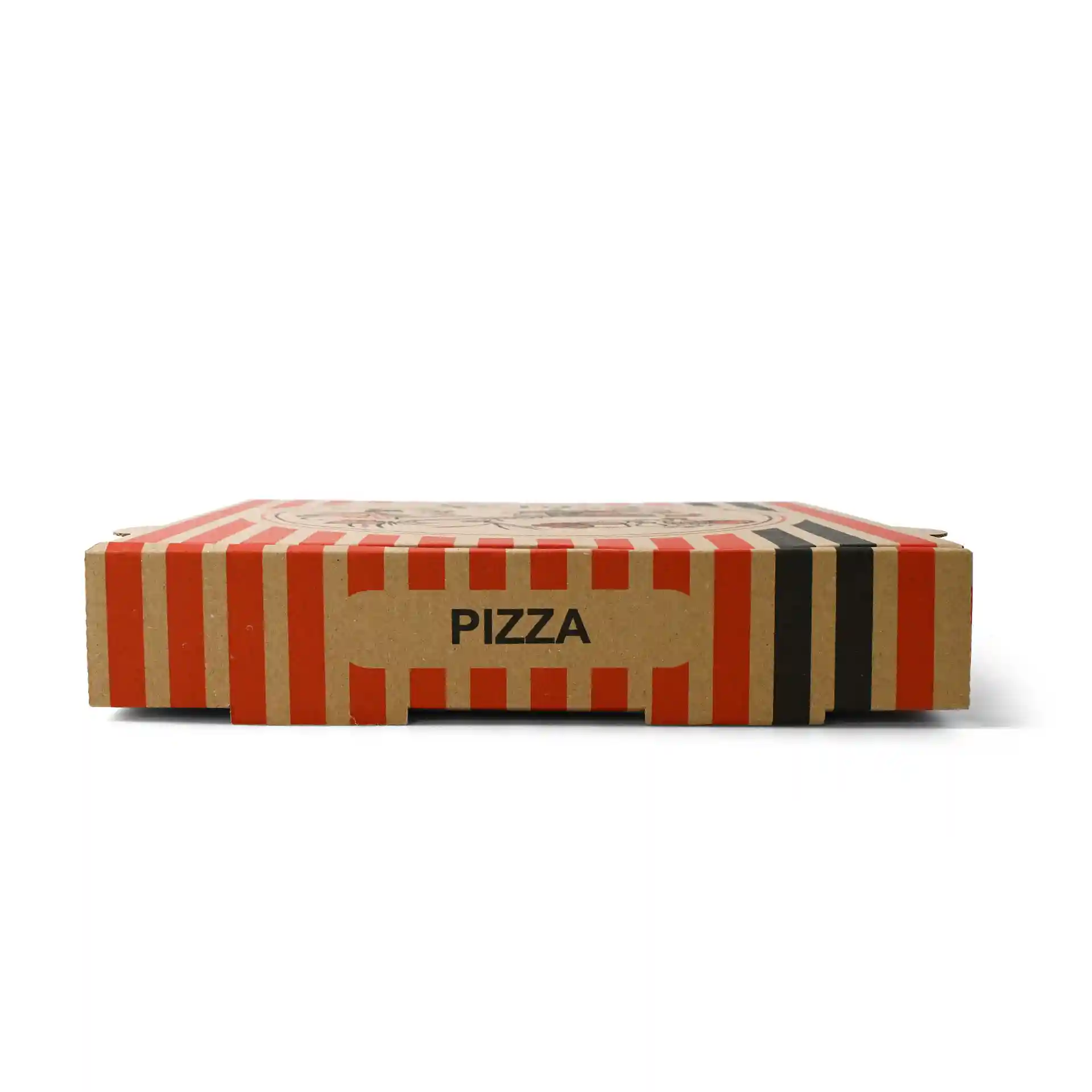 Boîte à pizza marron avec des rayures rouges et noires, avec un design de chef de pizza, mesurant 26 x 26 x 4 cm.