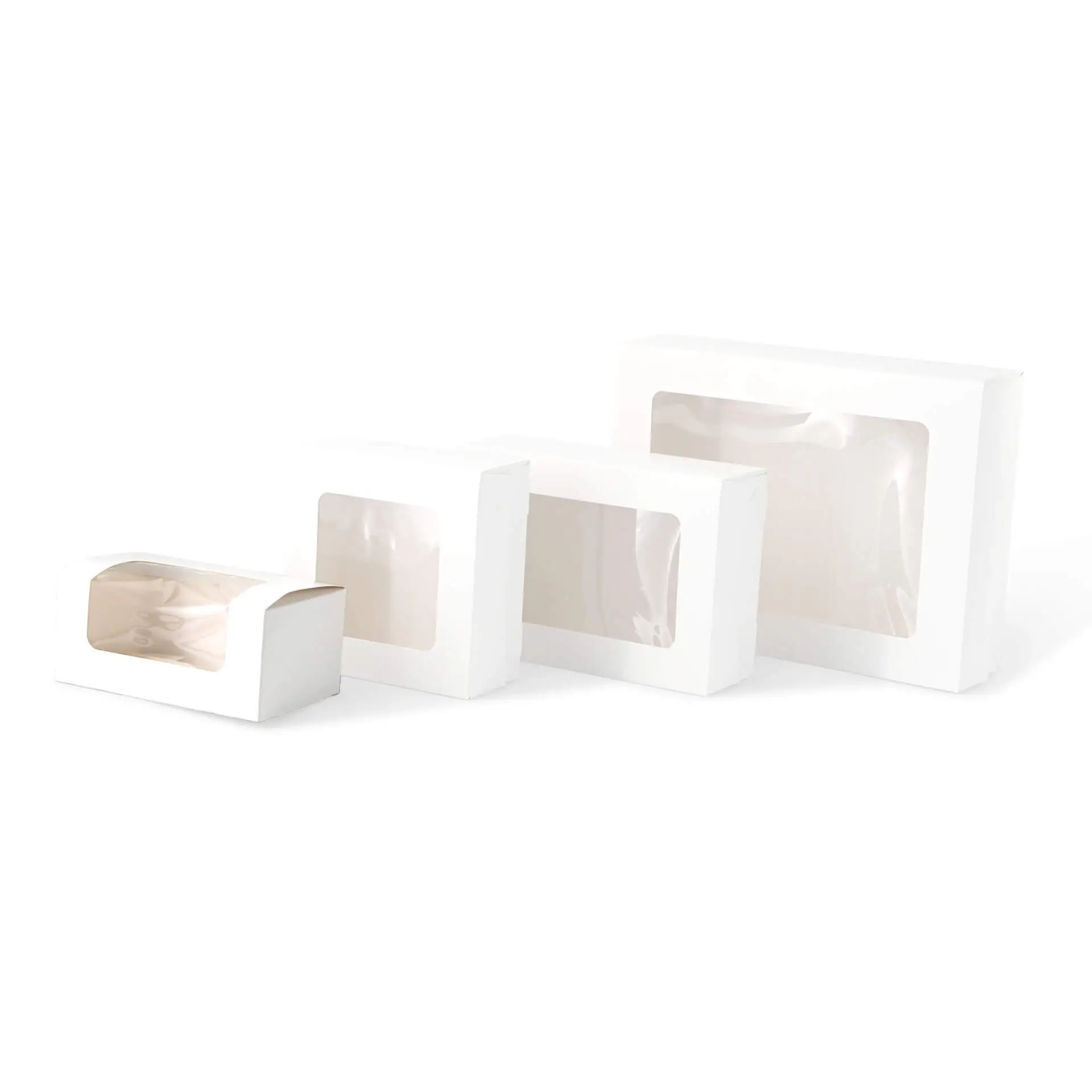 Ensemble de quatre boîtes à cupcakes blanches avec fenêtres en cellulose, adaptées à diverses pâtisseries.
