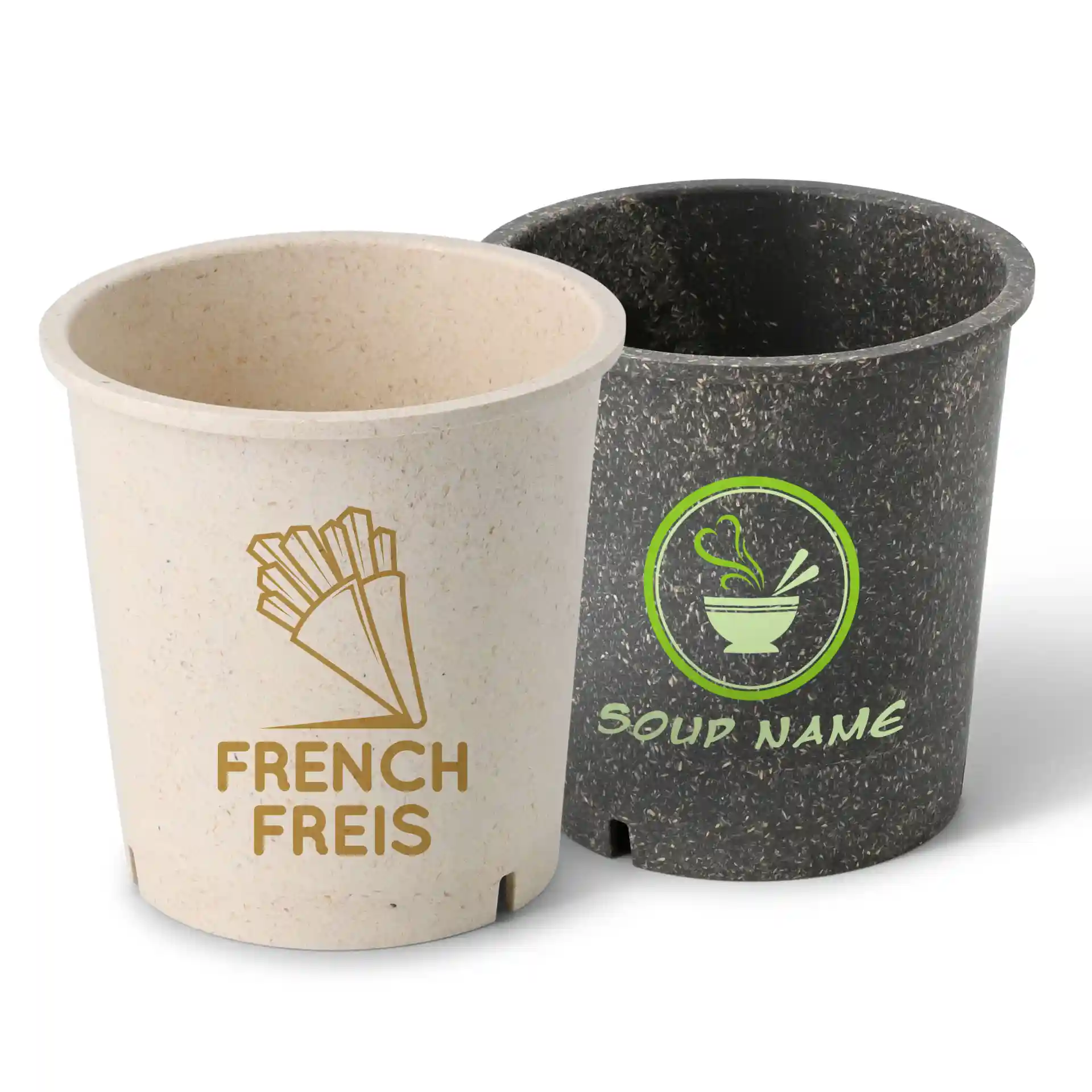 Deux tasses à soupe réutilisables, une crème blanche avec un graphique de frites et une sombre avec un graphique de soupe.