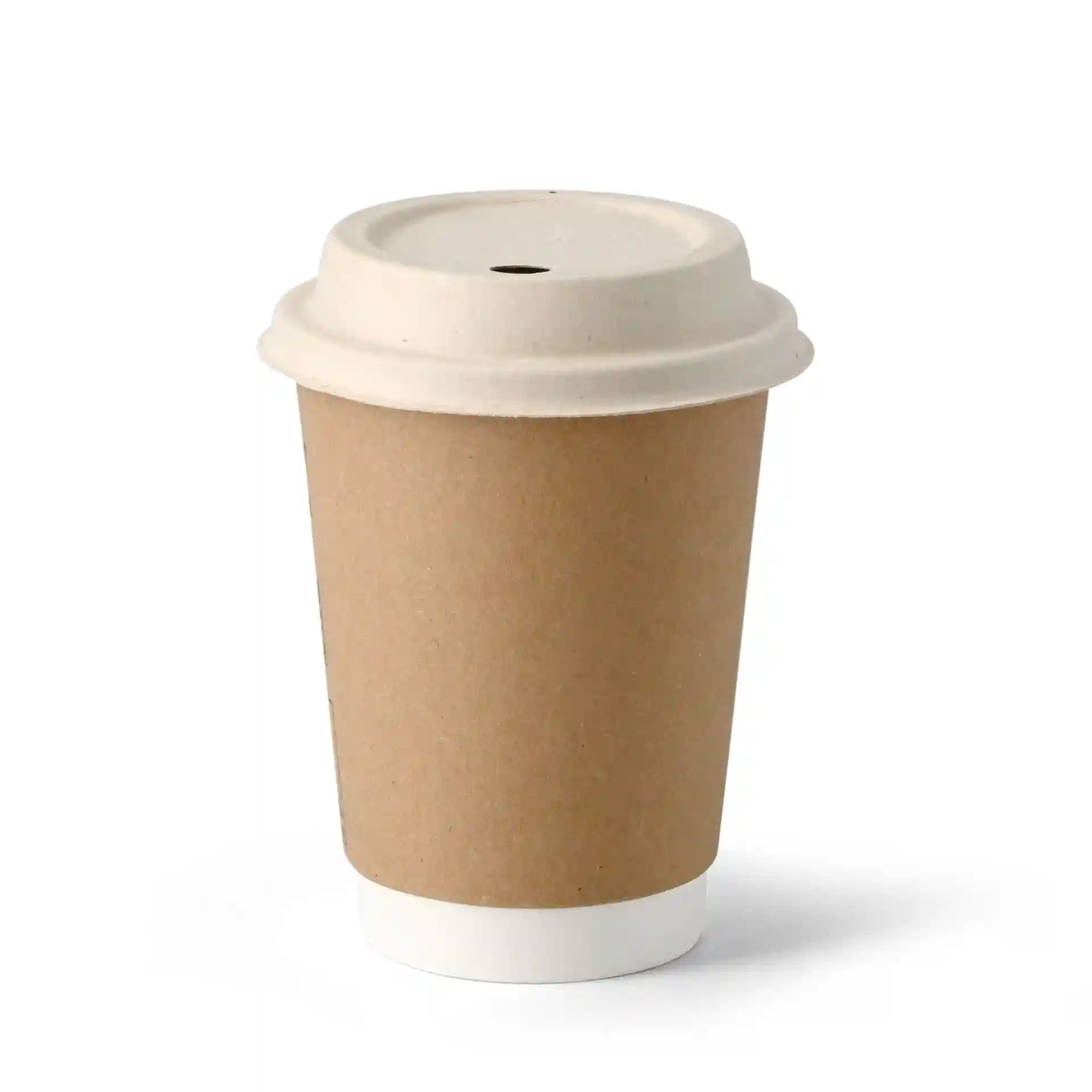 Gobelet en papier brun avec une base blanche et un couvercle beige, conçu pour les boissons, diamètre de 90 mm.