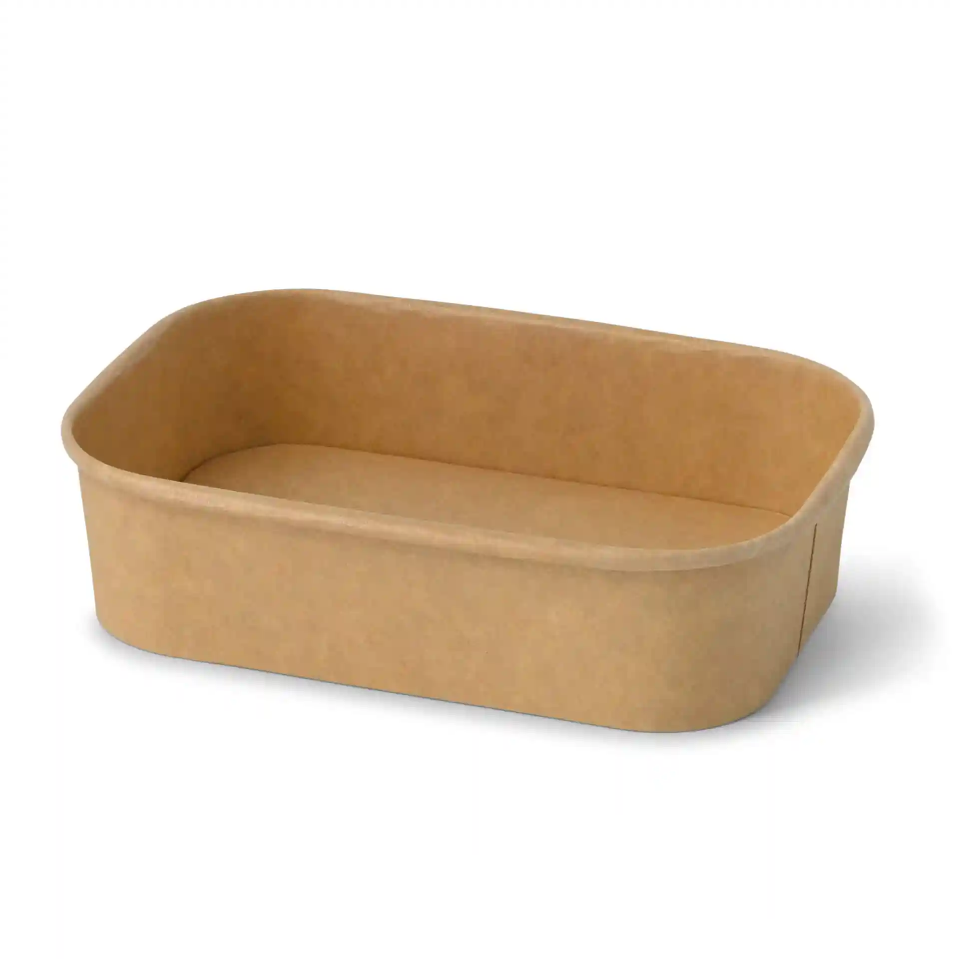 Conteneur alimentaire en carton brun rectangulaire, dimensions 17,5 x 12,5 x 4 cm, avec une surface intérieure lisse.