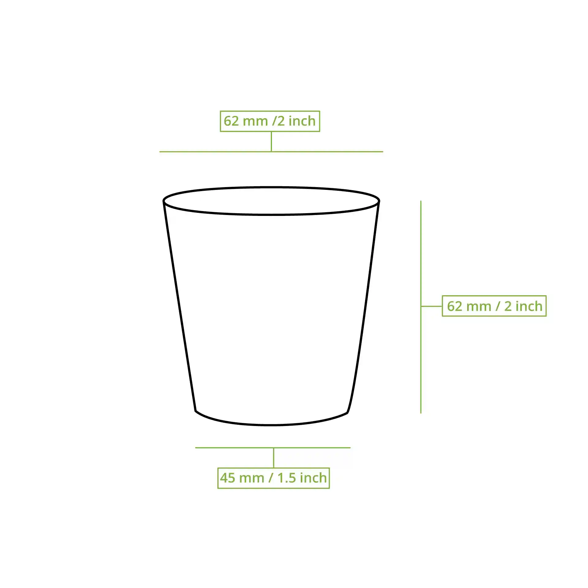 Dessin schématique d'un gobelet avec dimensions : hauteur 62 mm, diamètre 62 mm, et diamètre de base 45 mm.