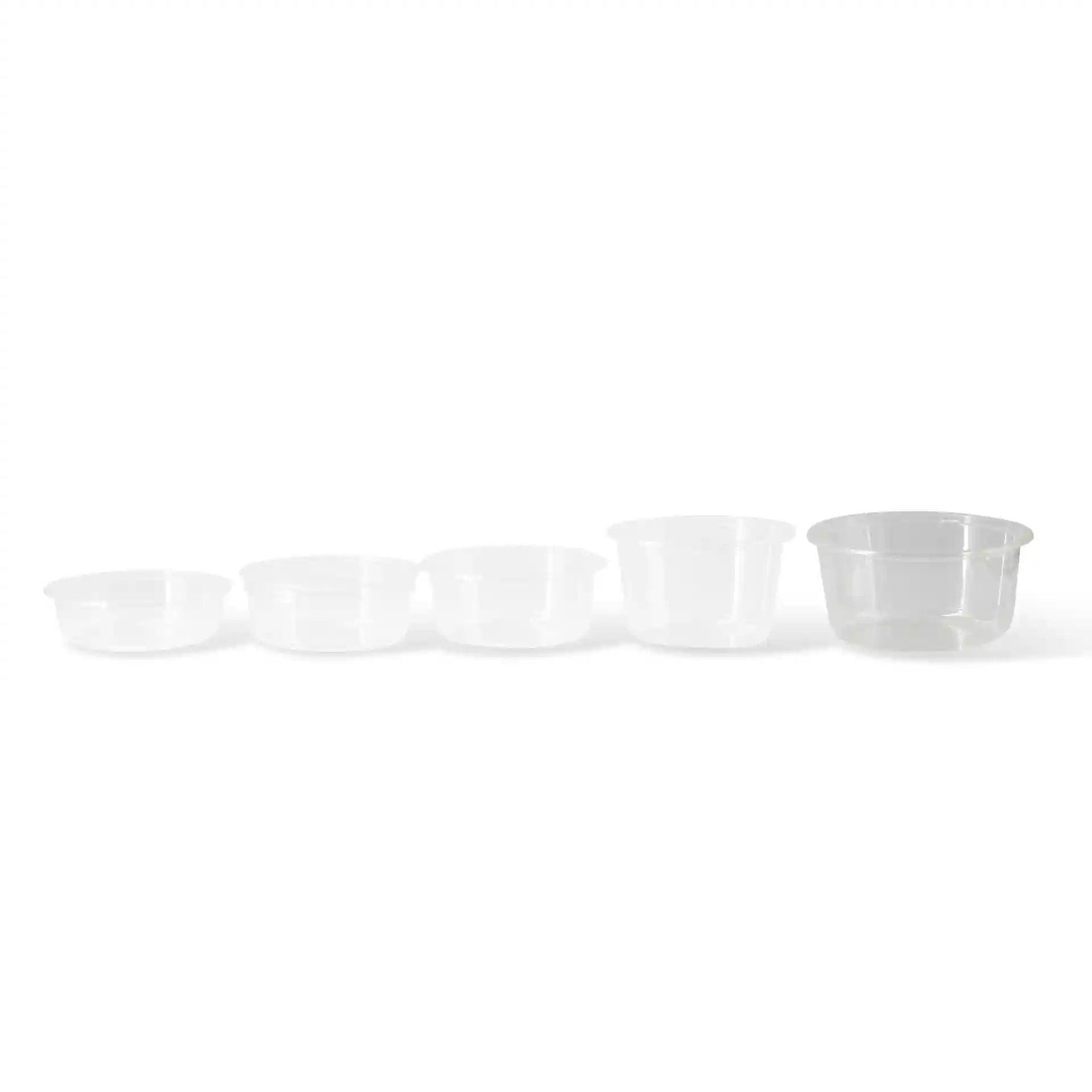 Ensemble de cinq contenants ronds transparents de différentes tailles, présentés du plus petit au plus grand.