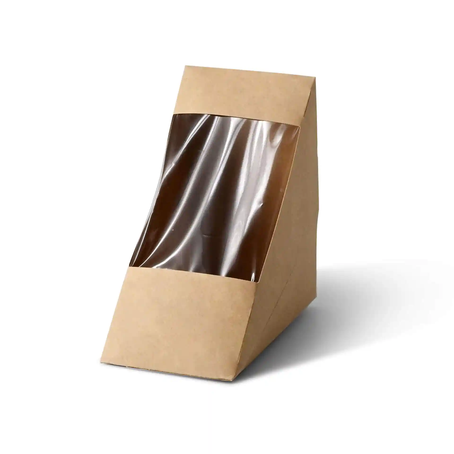 Wedge sandwich en carton brun avec fenêtre PLA transparente, forme triangulaire et revêtement écologique.