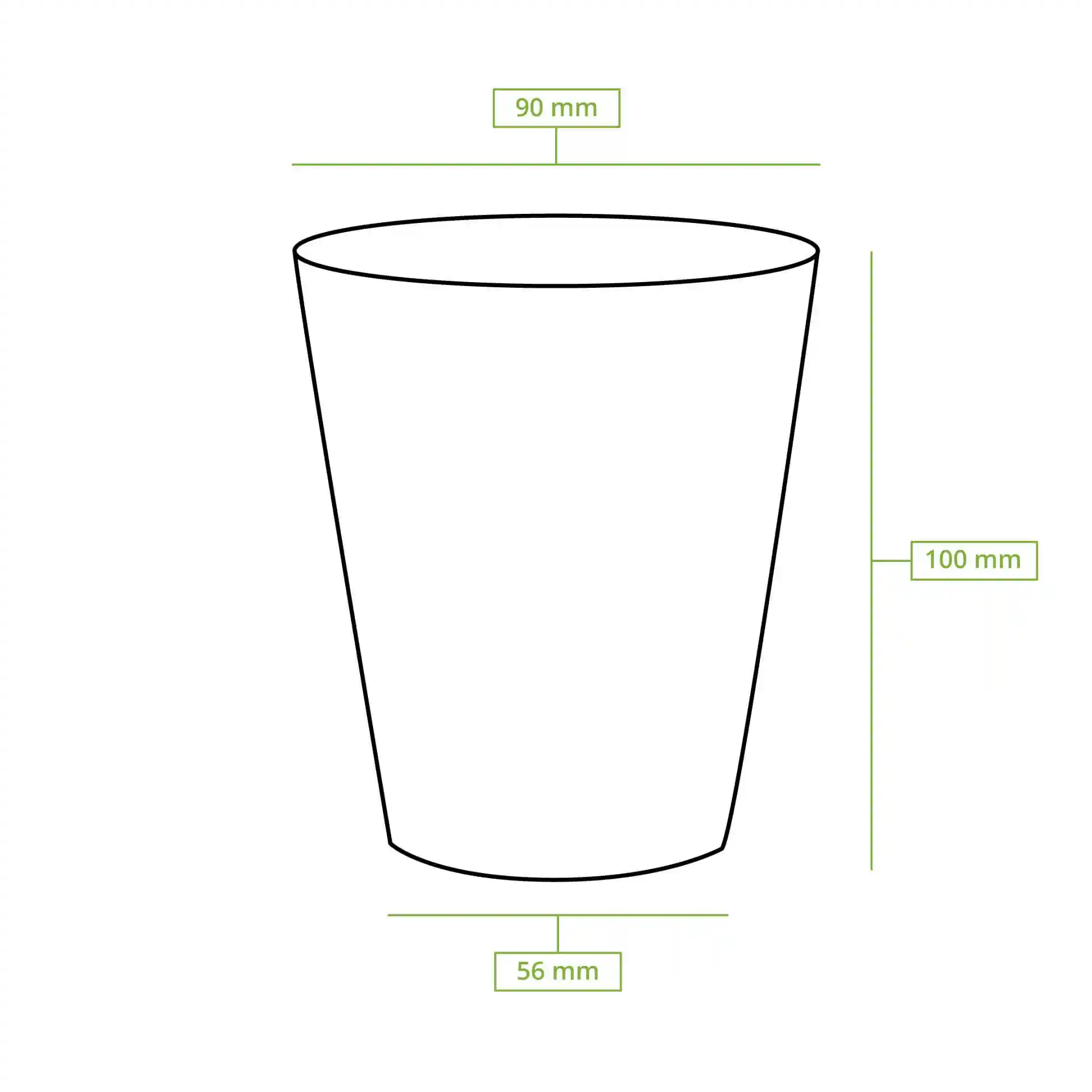 Dessin schématique d'un gobelet en papier avec dimensions : hauteur 100 mm, diamètre supérieur 90 mm, et diamètre de base 56 mm.