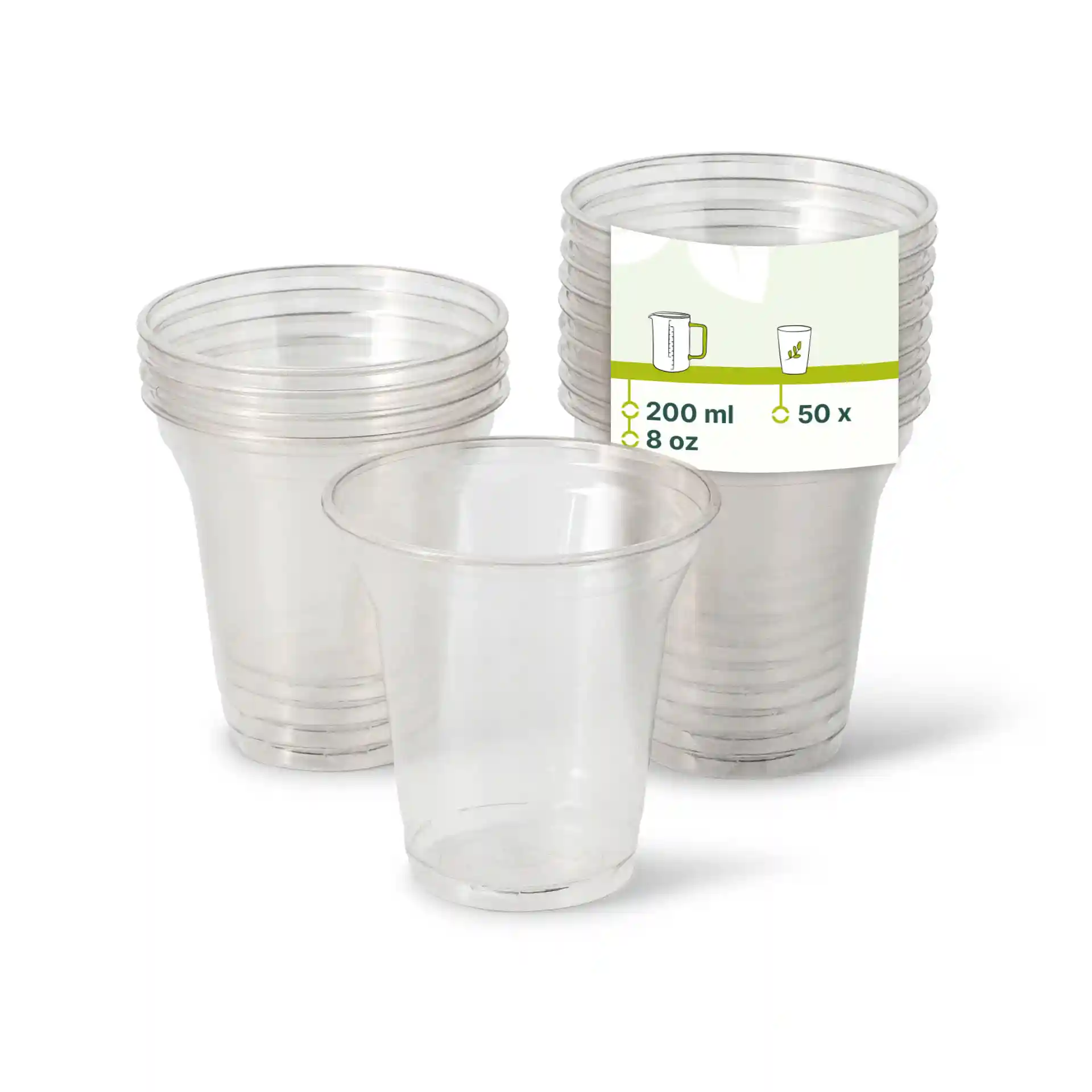 Gobelets transparents de 8 oz en rPET empilés avec une étiquette indiquant une capacité de 200 ml et 50 unités.