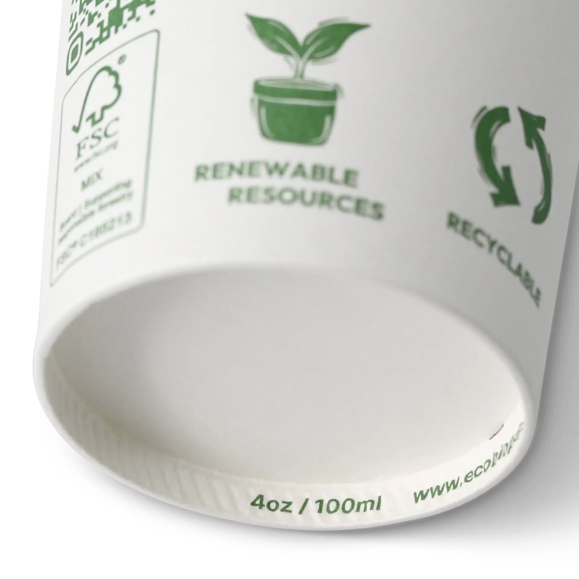 Gobelet en carton 100 ml / 4 oz, Ø 62 mm, avec pictogrammes "EcoUp©", simple paroi, blanc, revêtement en PLA