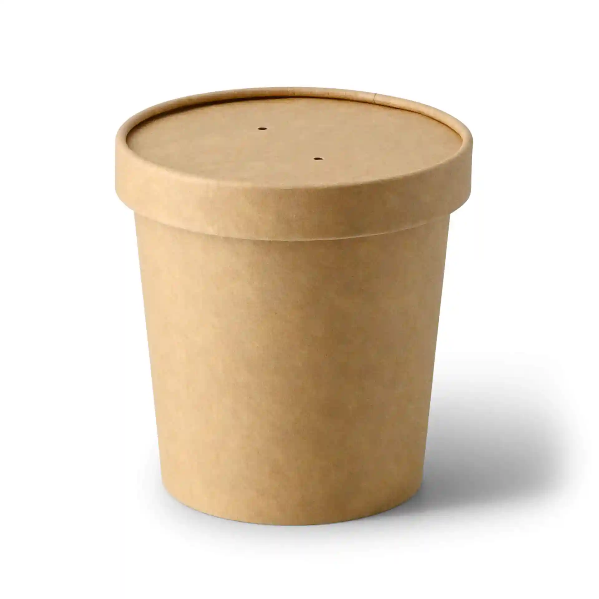 Gobelet en carton brun pour soupe de forme ronde avec un couvercle, comportant deux petits trous sur le dessus.