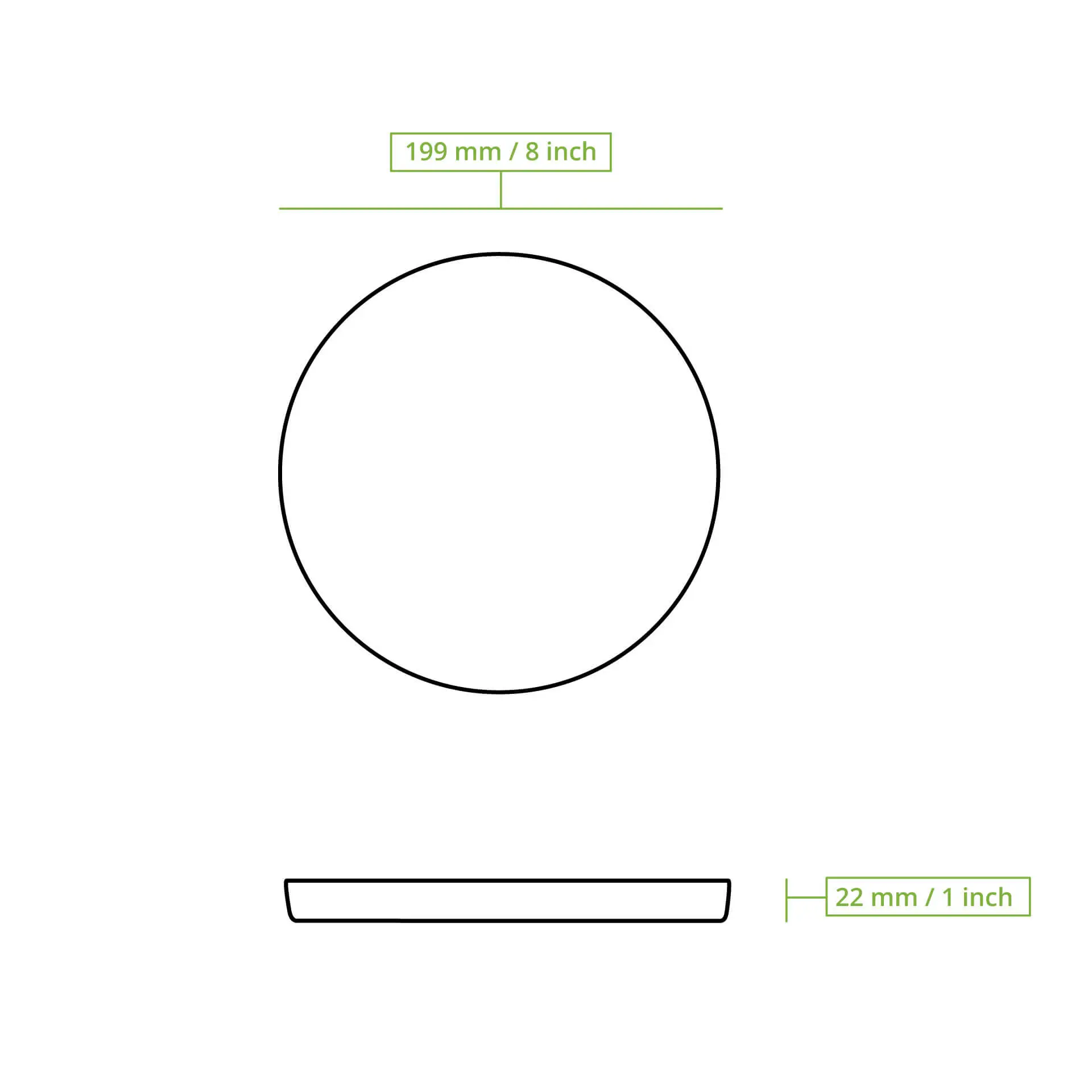 Dessin schématique d'une assiette ronde de 200 mm de diamètre et 22 mm de hauteur.