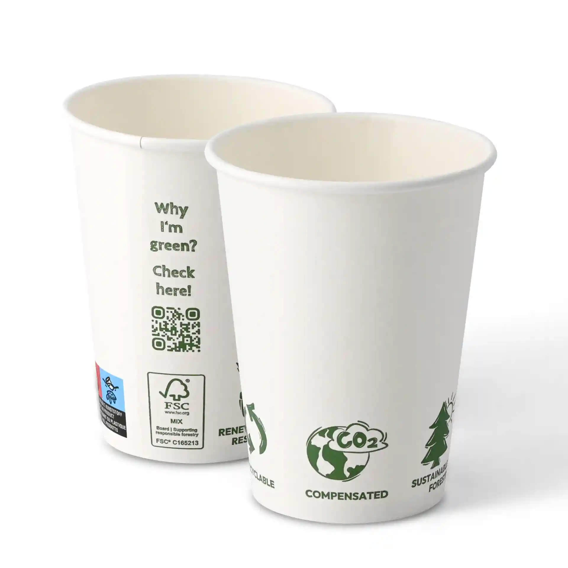 Gobelets en papier blanc à paroi simple, capacité de 300 ml, avec divers icônes écologiques à l'extérieur.