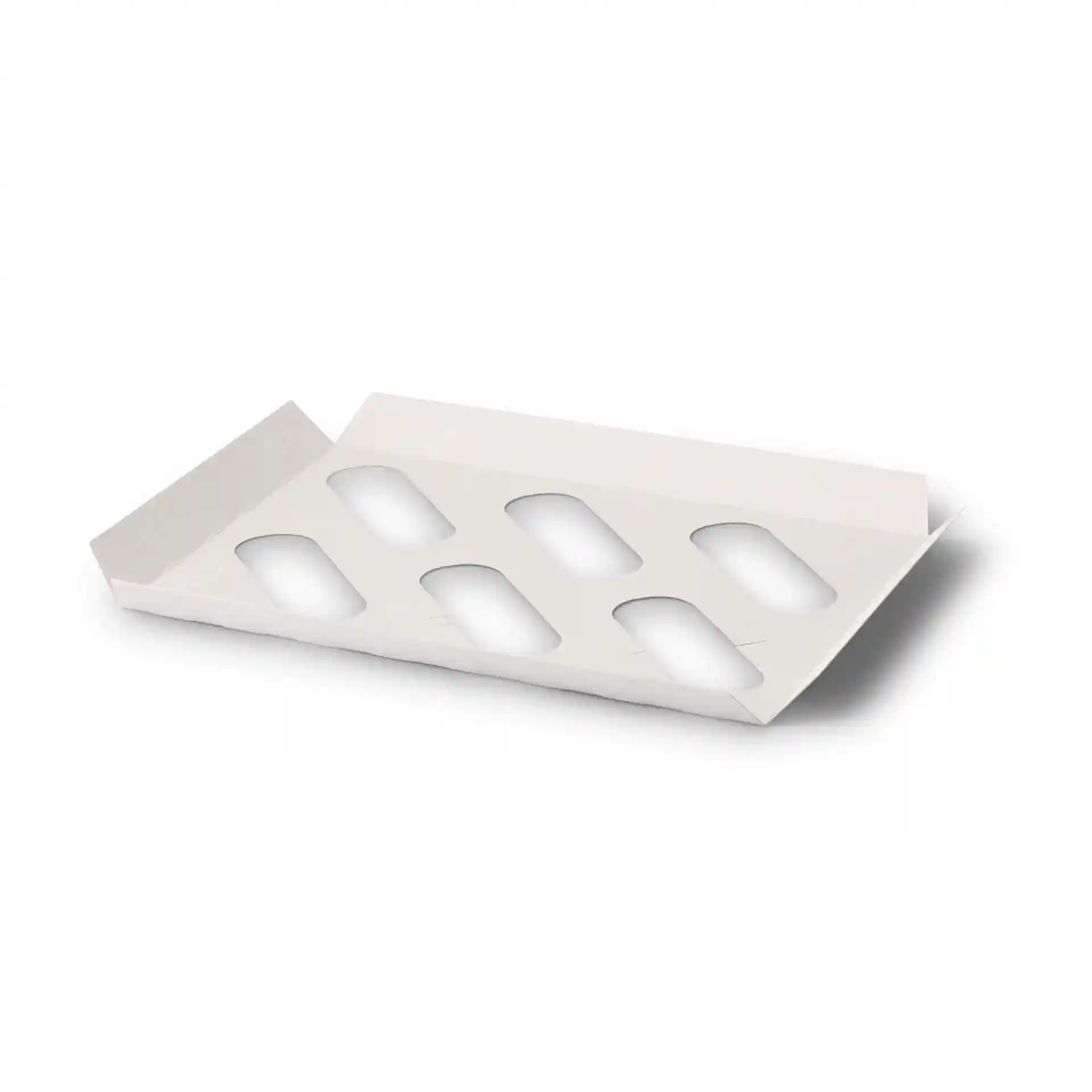 Insert en carton pour boîtes à cupcakes, blanc crème, avec six découpes ovales pour cupcakes.