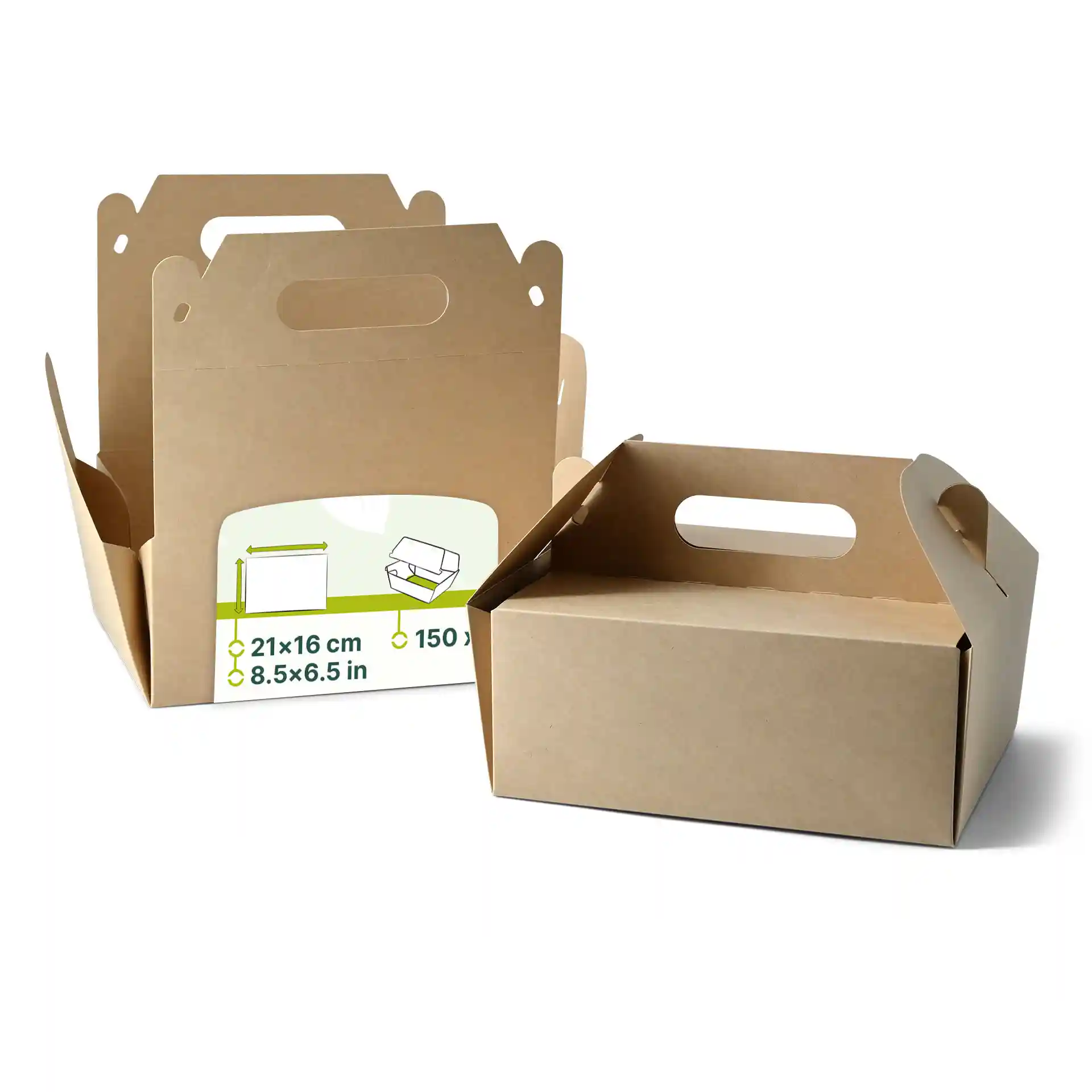 Deux boîtes à pâtisserie en carton marron avec poignées, l'une partiellement ouverte, montrant une forme rectangulaire et un design pliable.