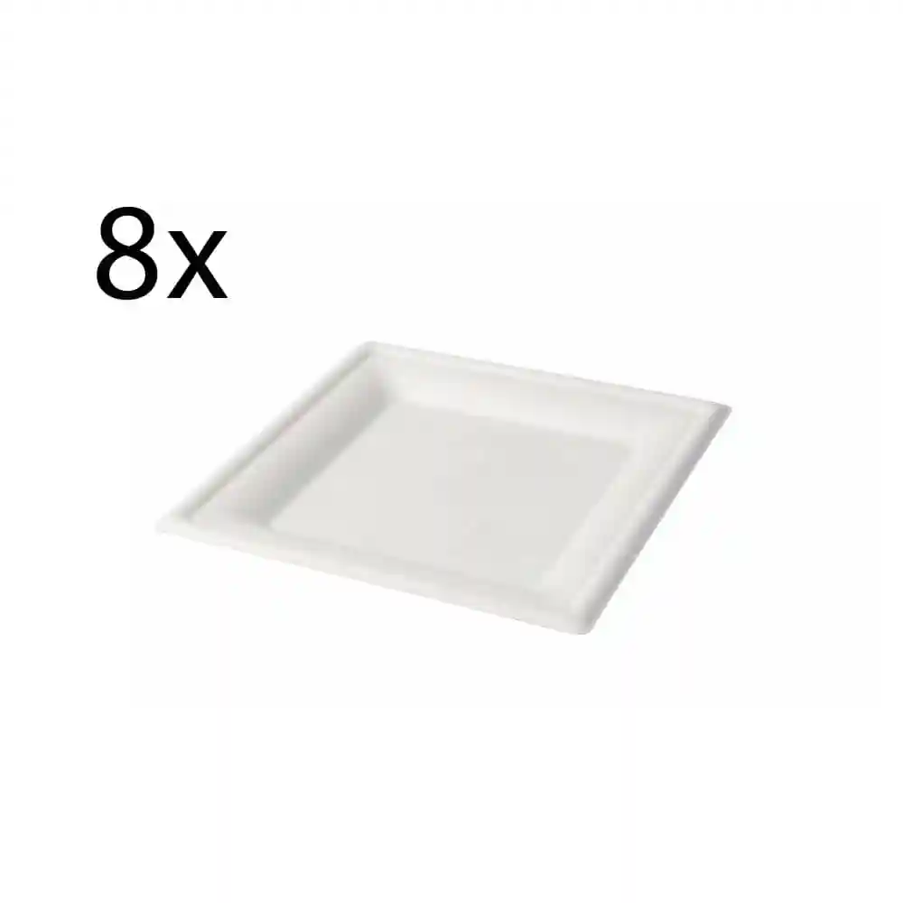 Assiette rectangulaire blanche avec bords surélevés, présentée en angle, avec le numéro '8' dans le coin.