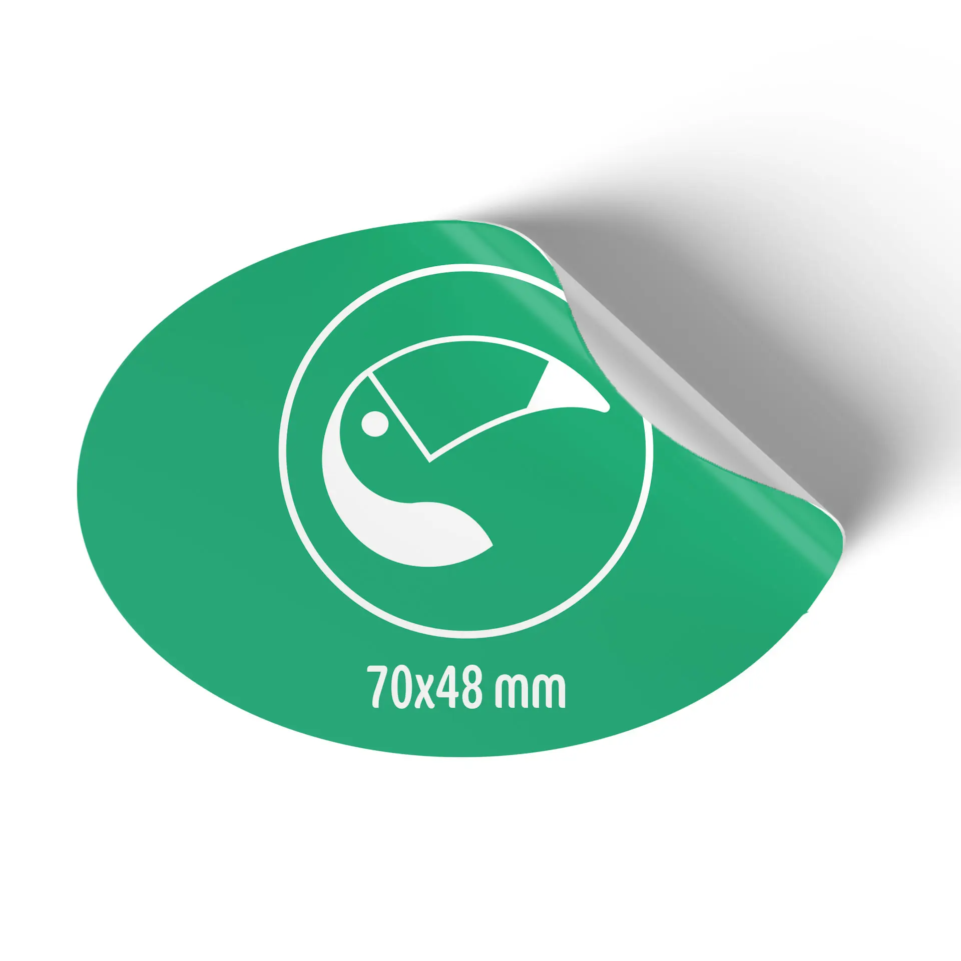 Autocollant ovale vert avec graphique blanc et des dimensions de 70x48 mm, montrant une partie de l'autocollant repliée au bord.