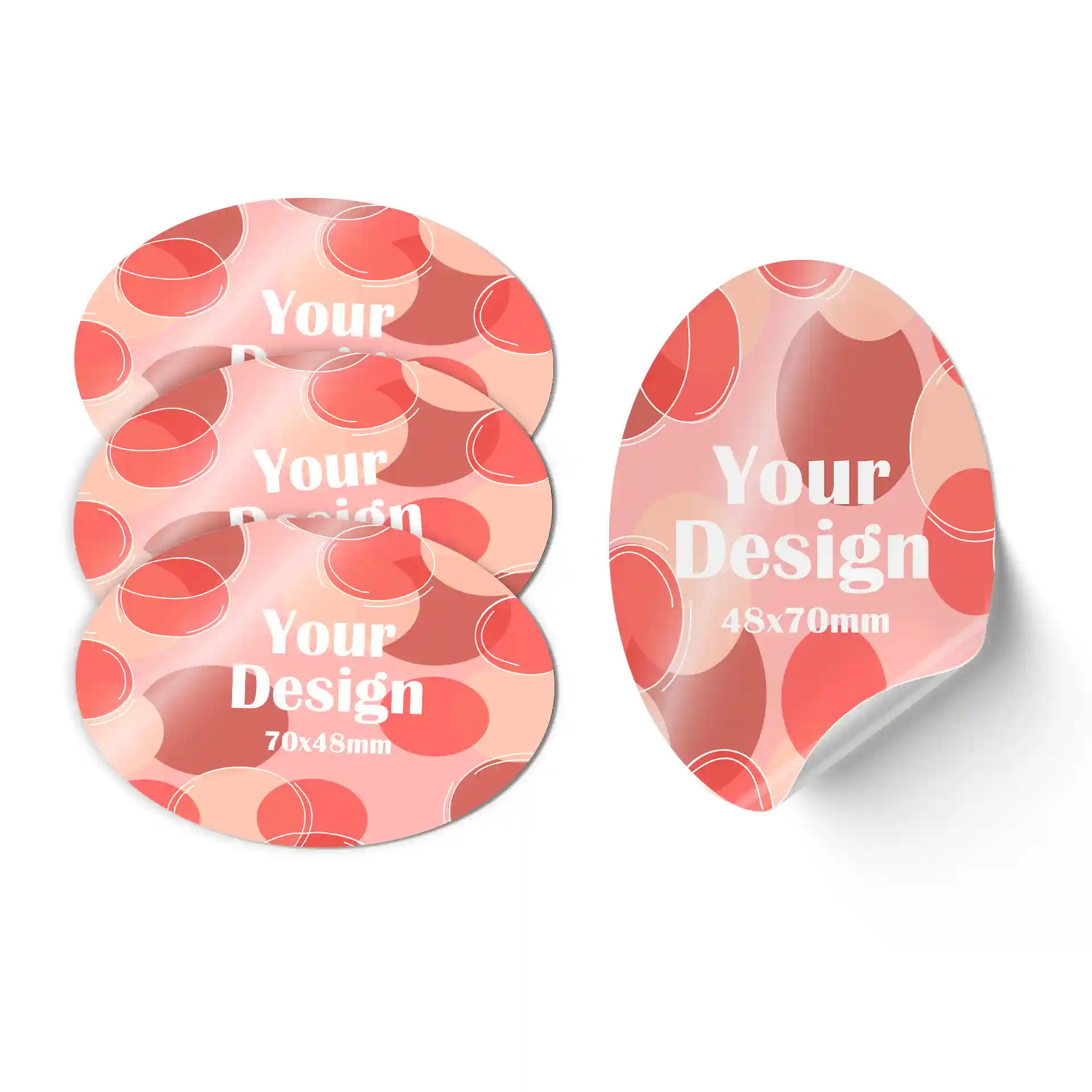 Étiquettes ovales imprimées avec finition brillante, design de dimensions 48x70 mm, présentées en groupe.