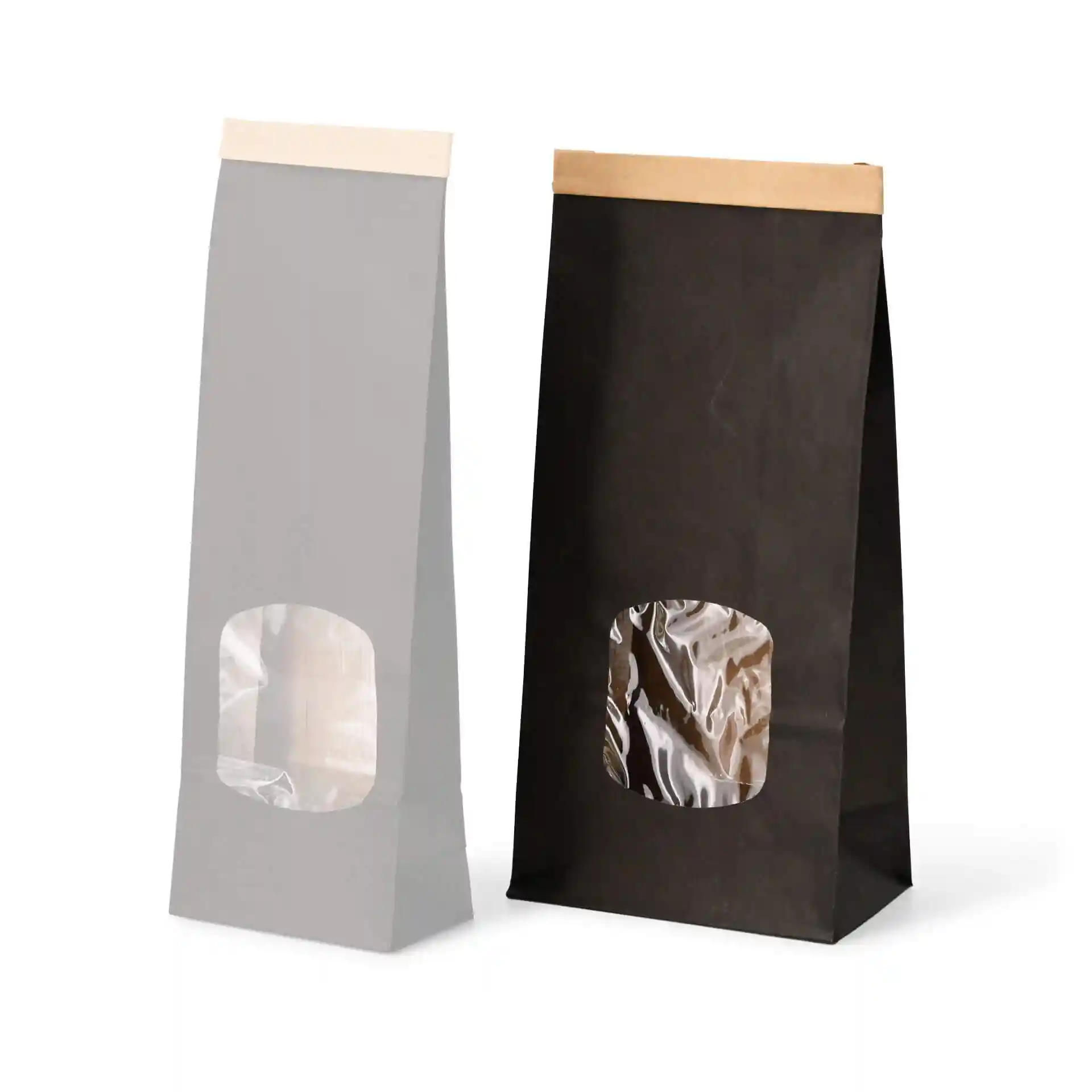 Deux sacs à fond plat, un gris et un noir, chacun avec une fenêtre transparente et un dessus en papier kraft.