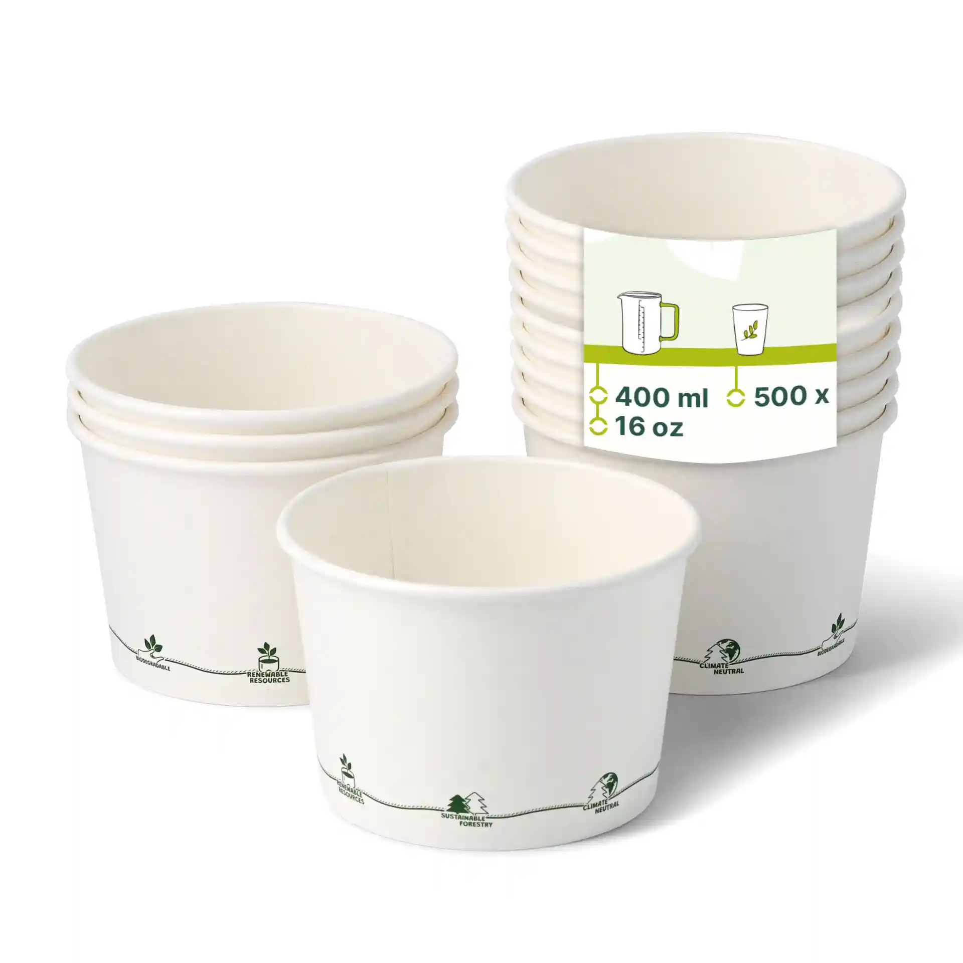 Contenants ronds en carton pour soupe avec revêtement écologique, 16 oz, empilés avec un design visible et imprimé.