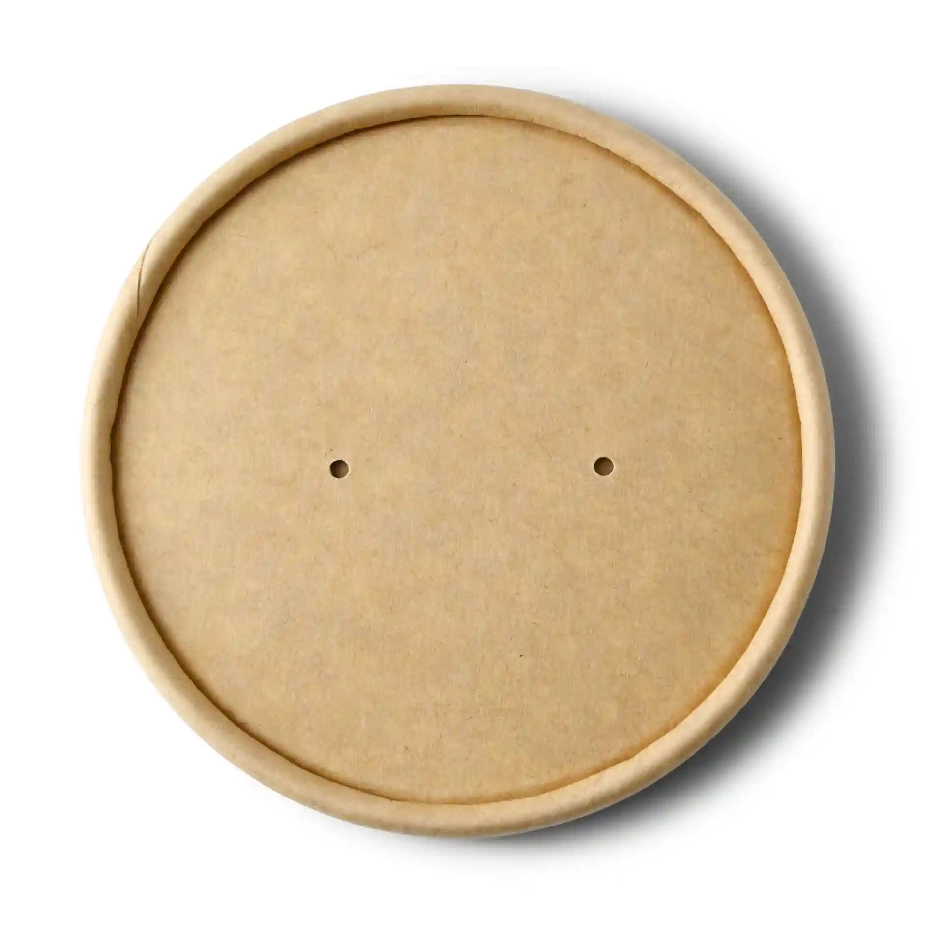 Couvercle rond en carton brun d'un diamètre de 92 mm, avec deux petits trous à la surface.