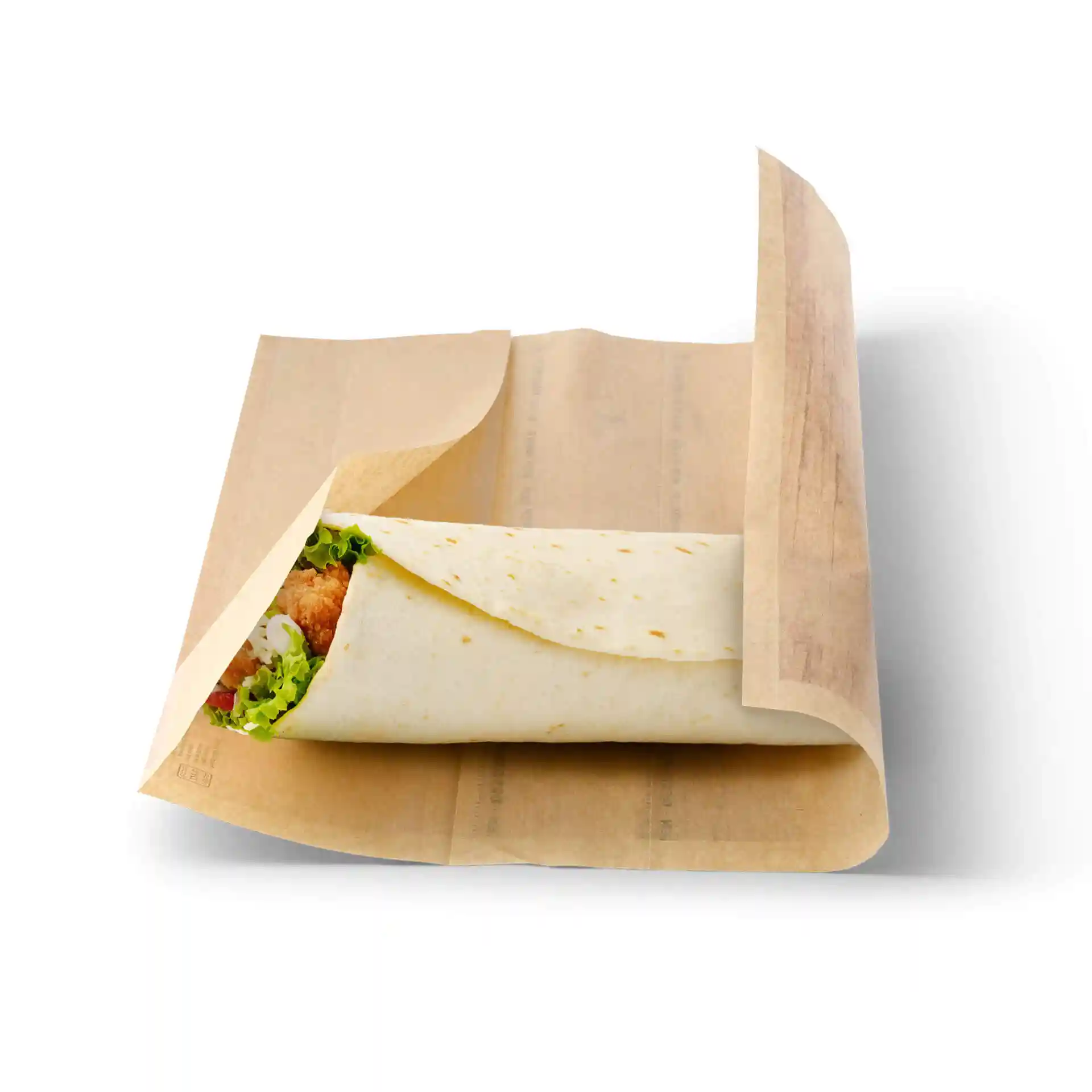 Sac en papier brun imprimé avec fermeture adhésive, contenant un wrap de tortilla rempli de laitue et de poulet.