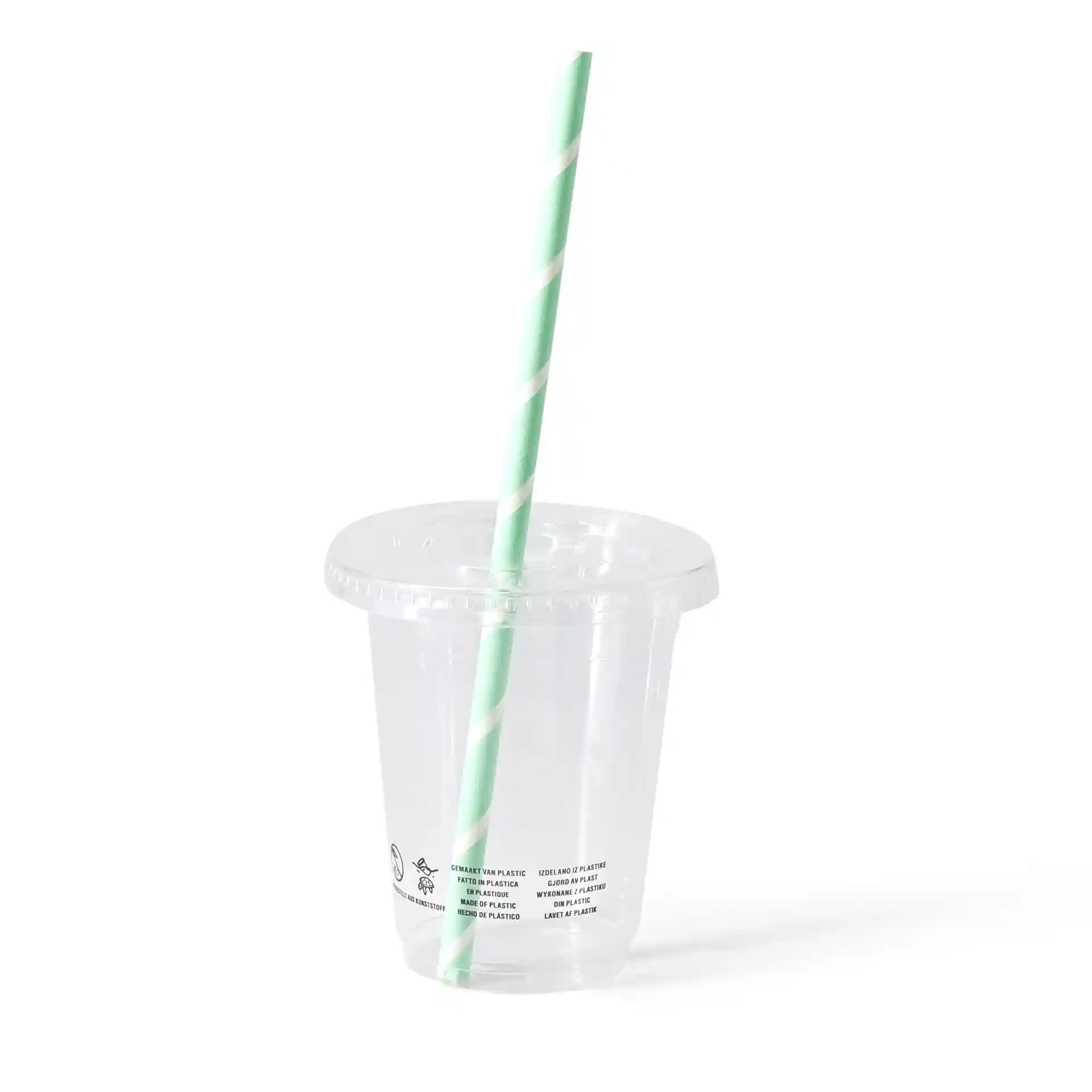 Gobelet en PLA transparent avec une paille rayée verte et blanche, capacité de 300 ml, sur fond uni.