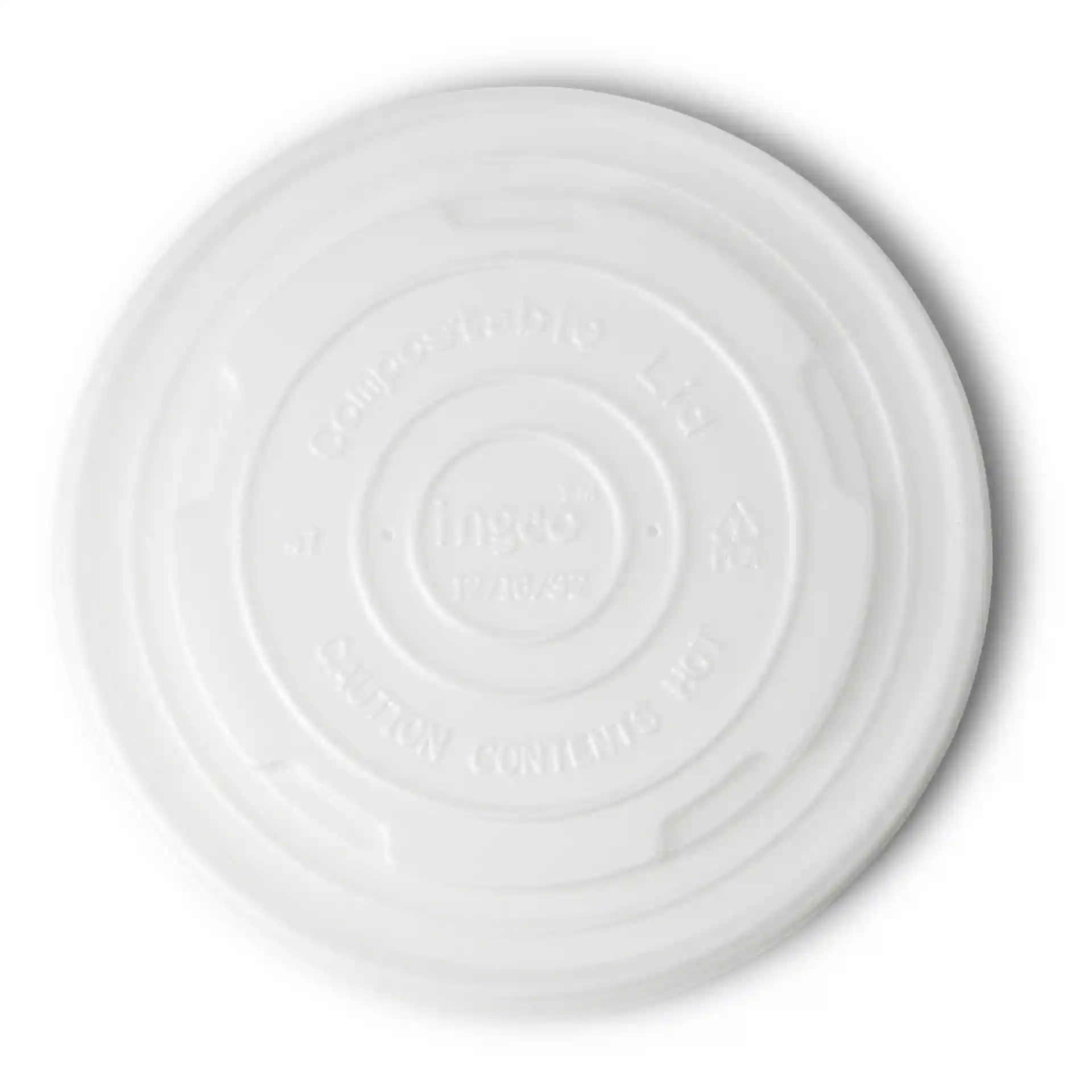 Couvercle plat en CPLA blanc de 115 mm de diamètre, forme ronde et sans revêtement.