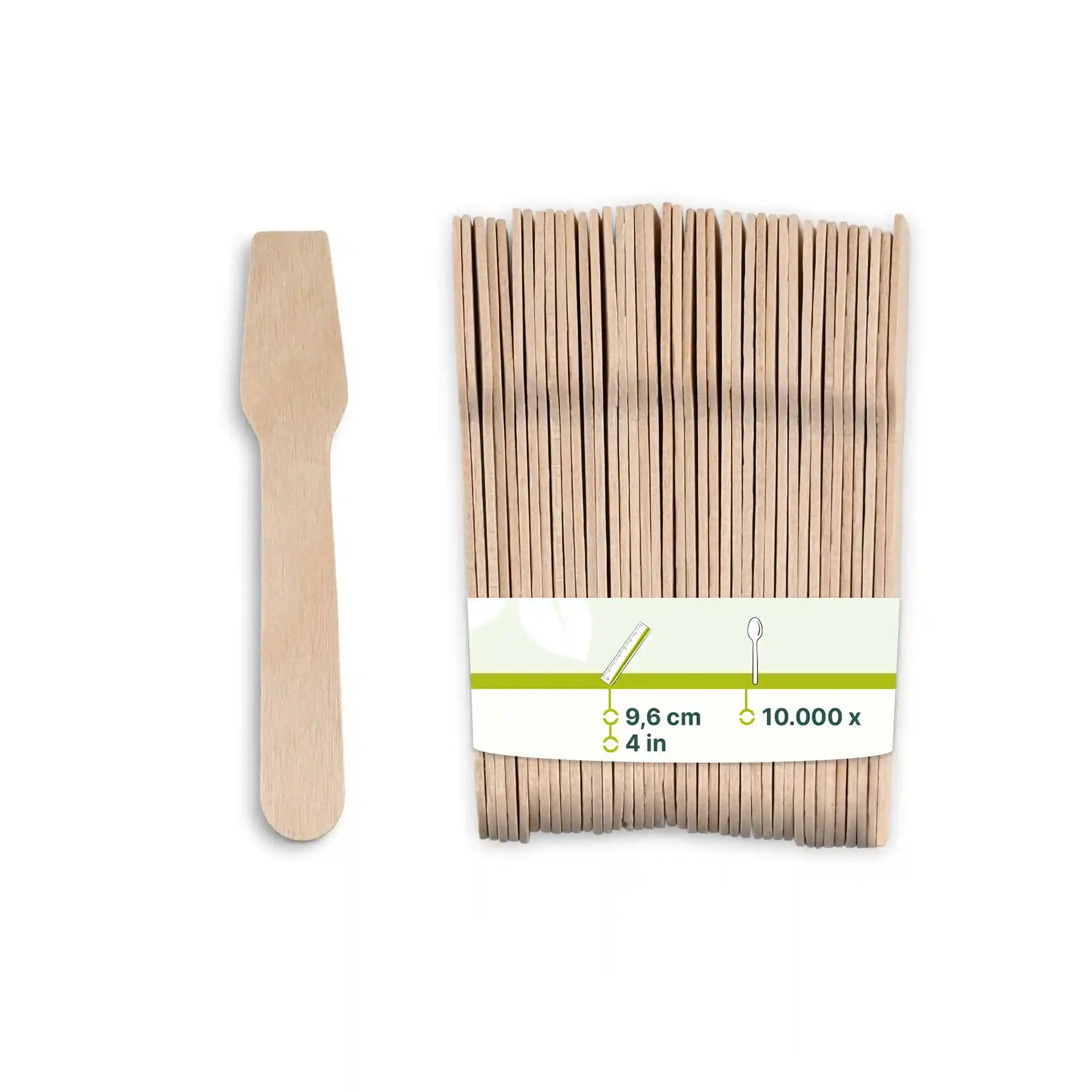 Cuillères en bois pour glace dans un paquet, chacune mesurant 9,6 cm, affichées à côté d'une étiquette avec les détails du produit.
