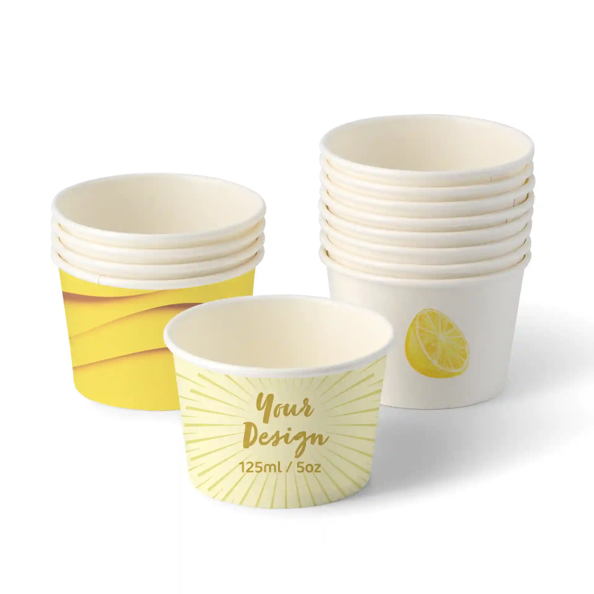 Cups à glace ronds en carton blanc, avec un design jaune et un graphique de citron, d'une capacité de 125 ml.