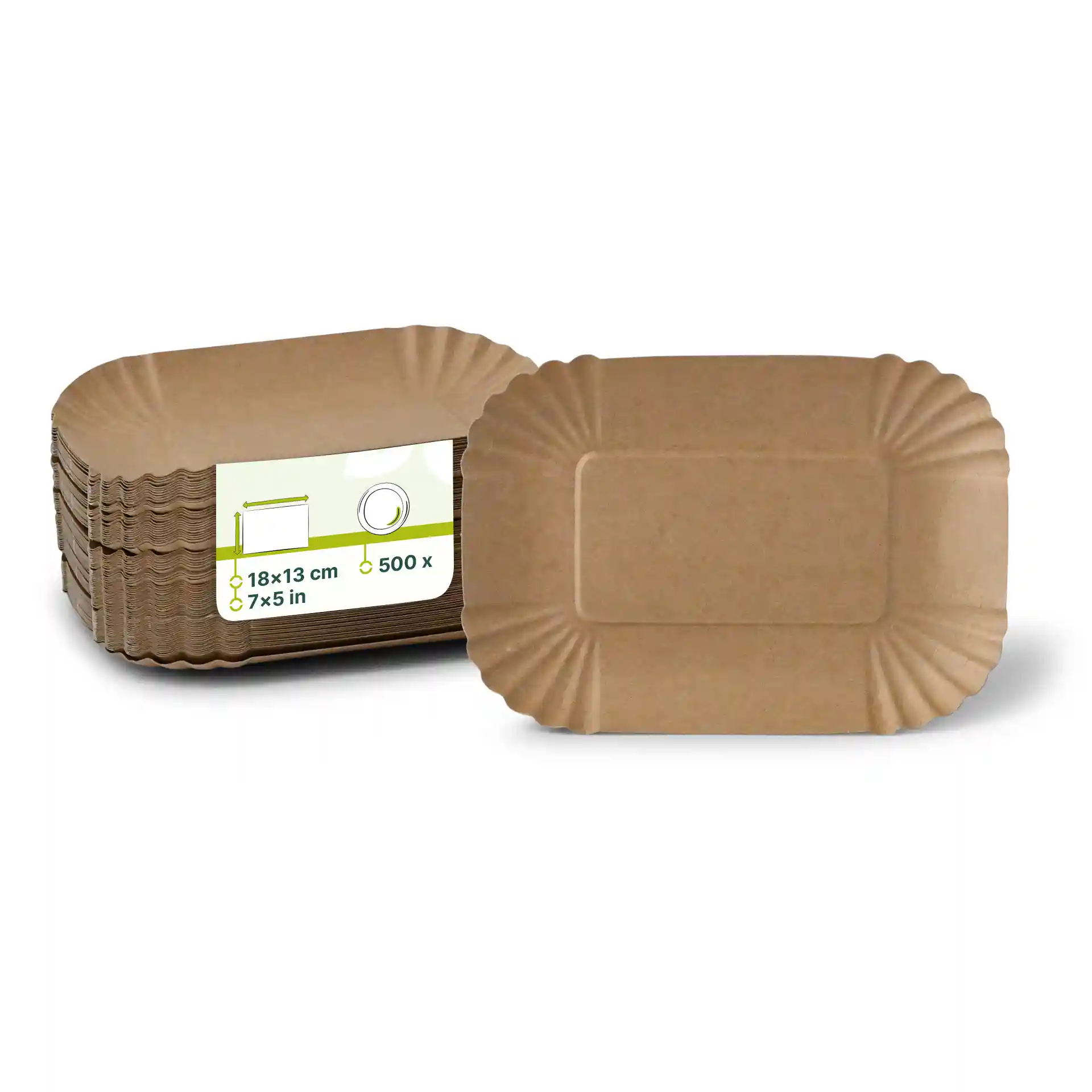 Plateaux alimentaires en papier rectangulaires bruns, 18 x 13 cm, empilés avec un visible en haut, montrant une surface lisse et des bords cannelés.