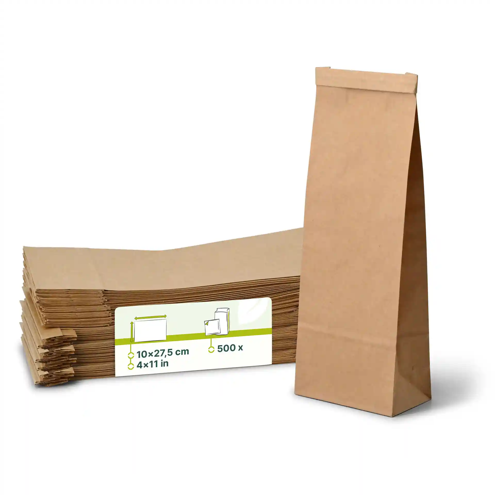 Sacs en papier à fond plat marron de 27,5 cm de hauteur, empilés avec une étiquette indiquant les dimensions et la quantité.
