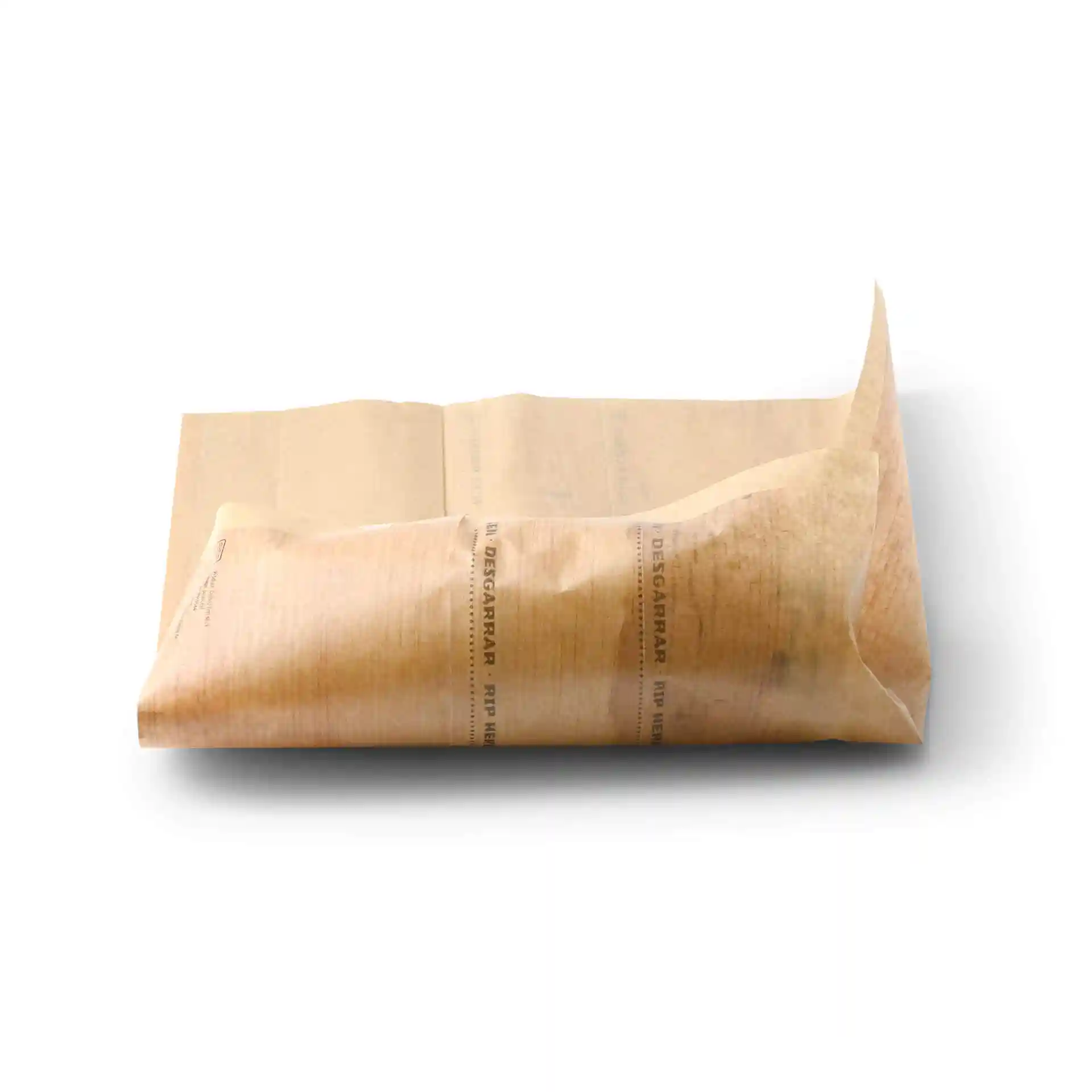 Sacs enroulés imprimés marron avec fermeture adhésive, mesurant 19,5 x 30 cm, partiellement ouverts sur fond blanc.