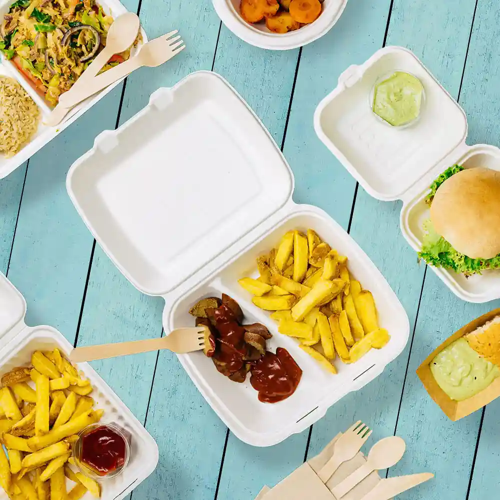 Image d'un conteneur en canne à sucre blanc à deux compartiments, rempli de frites et de viande, sur une surface en bois bleu.