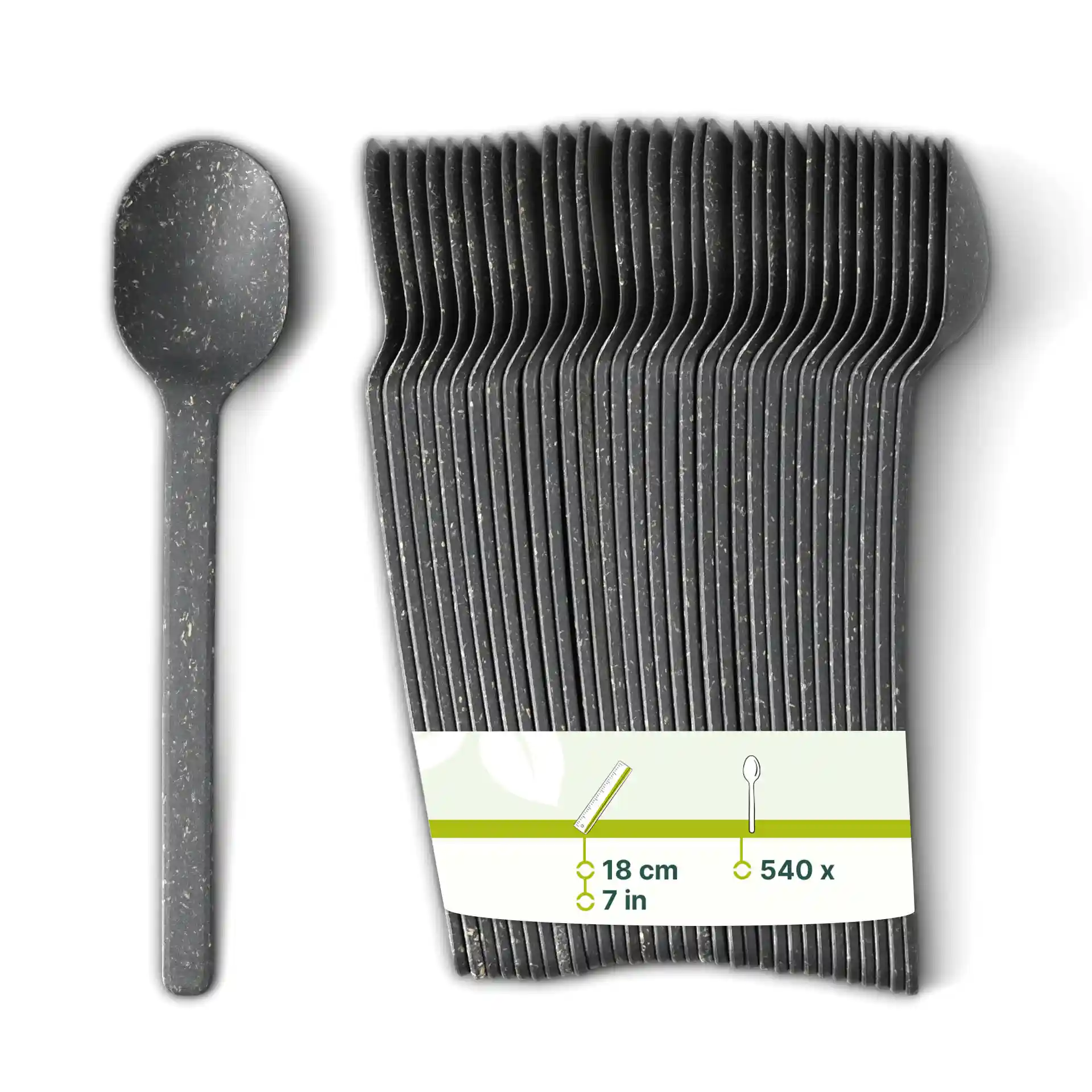 Cuillère noire réutilisable en composé bio, 18 cm de long, présentée avec plusieurs cuillères similaires en empilement.