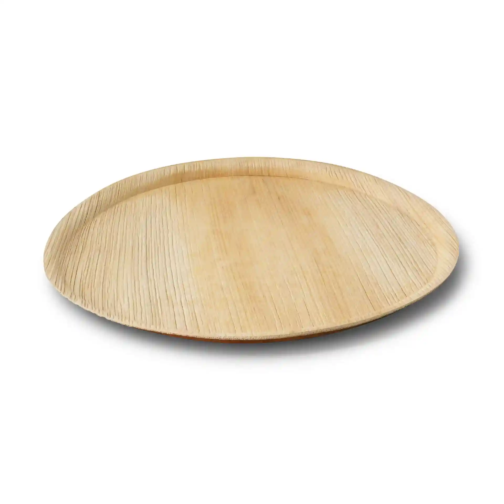 Assiette à pizza ronde en feuille de palmier de 27 cm de diamètre, au design peu profond, avec texture naturelle.