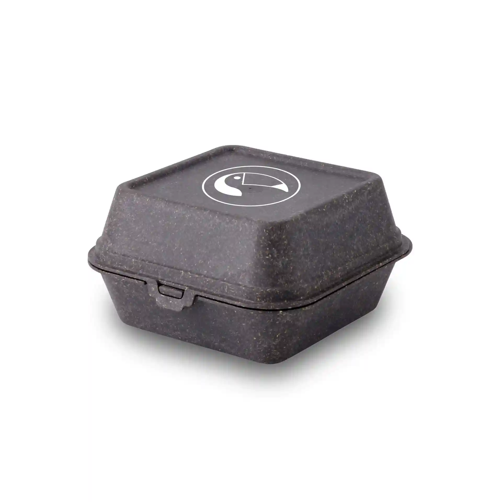 Boîte à burger rectangulaire grise en matériau bio, avec un logo imprimé sur le couvercle.