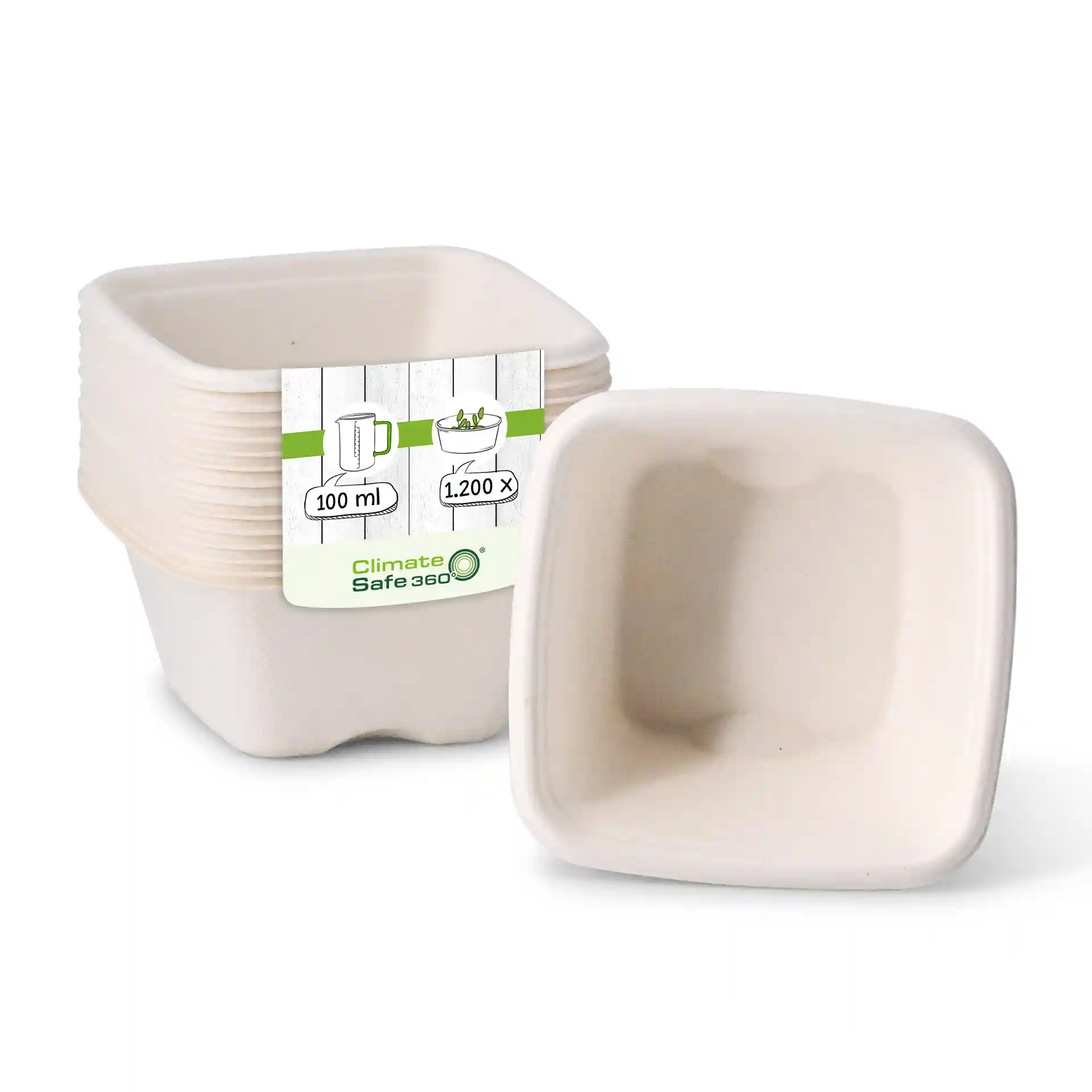 Empilement de gobelets en bagasse blancs, forme carrée, capacité de 100 ml, avec un gobelet incliné pour montrer l'intérieur.