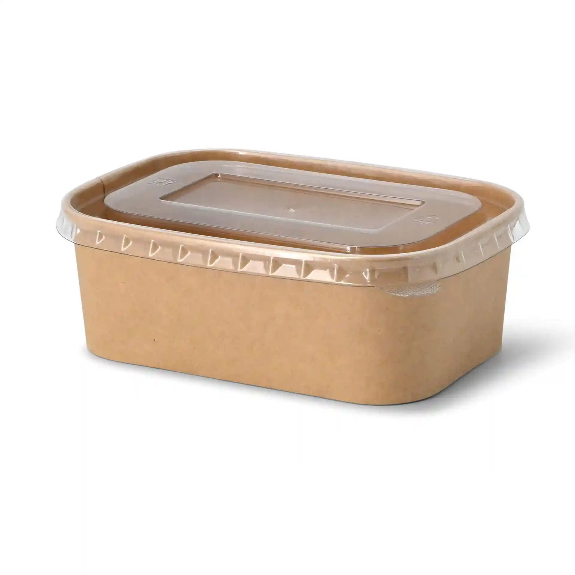 Conteneur rectangulaire en carton brun avec un couvercle transparent en rPET.