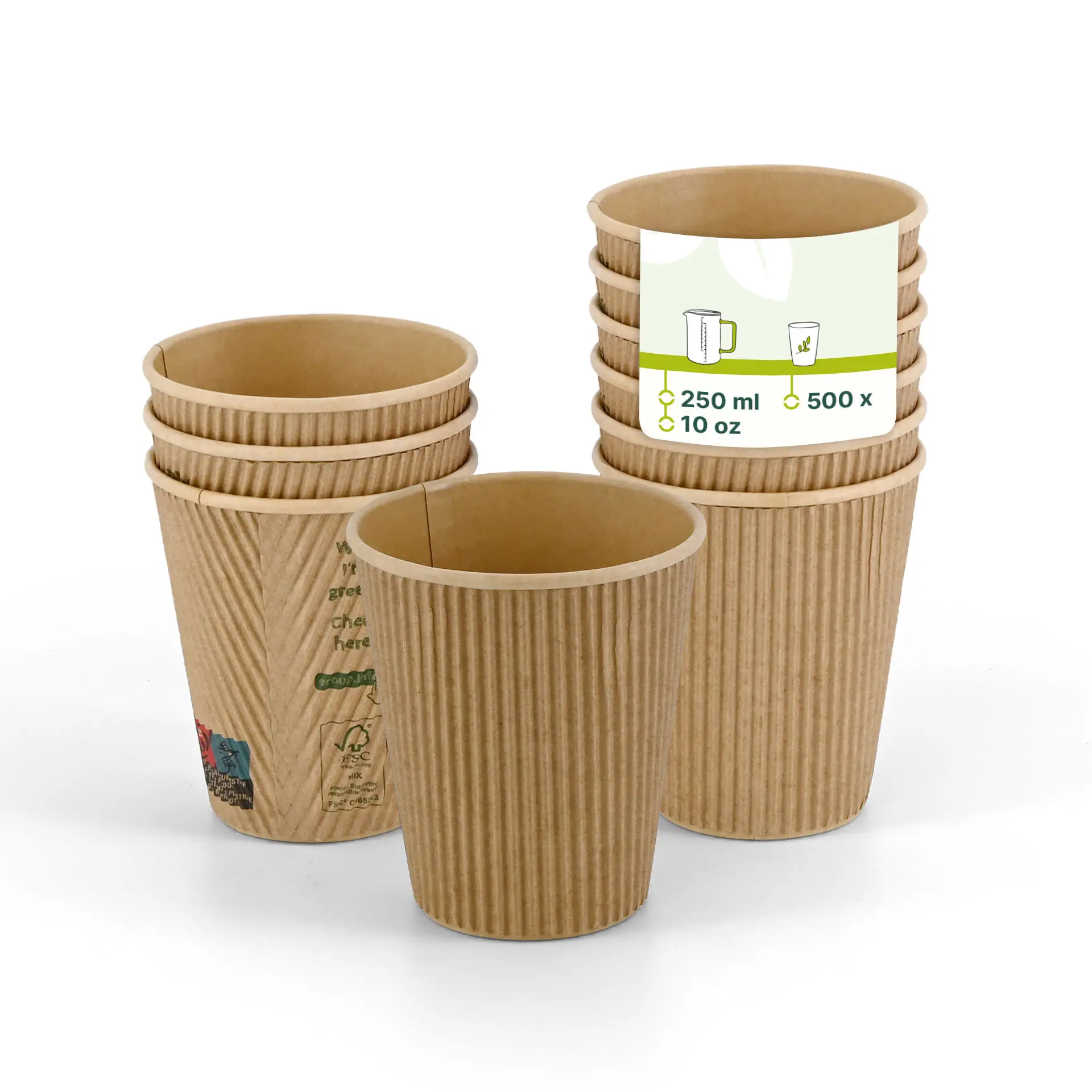Gobelets jetables marron à rainures pour boissons chaudes, taille 10 oz, empilables avec un revêtement intérieur en PLA pour l'isolation.