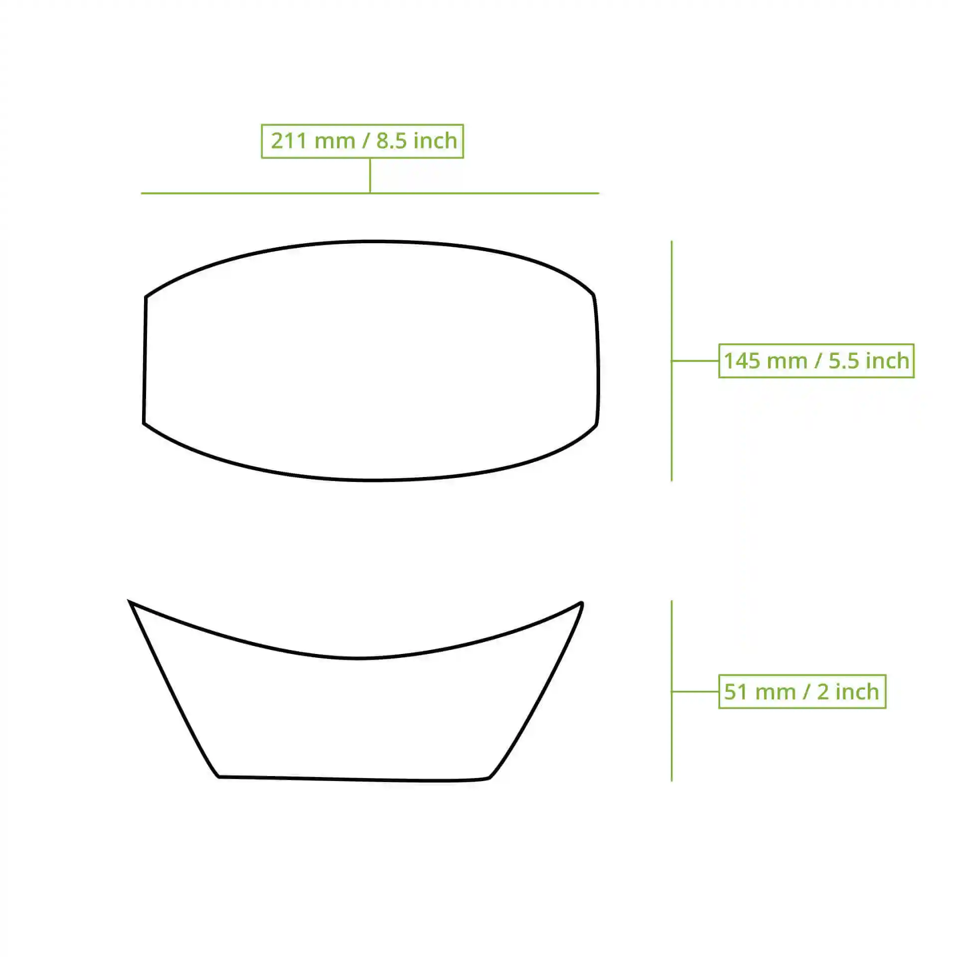 Dessin schématique d'un plateau rectangulaire avec dimensions étiquetées : 211 mm de longueur, 145 mm de largeur et 51 mm de hauteur.