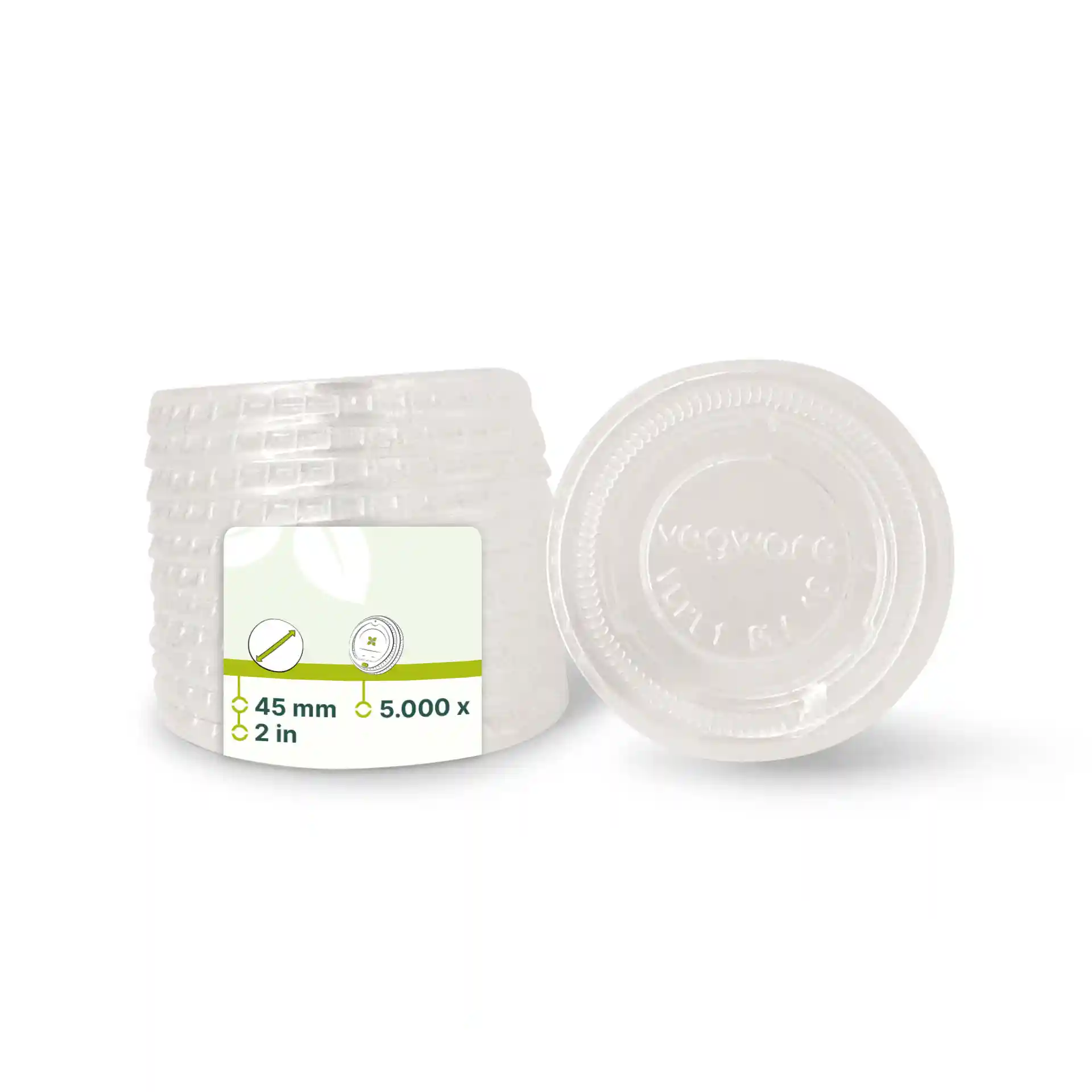 Couvercles ronds en PLA transparents de 45 mm de diamètre, empilés avec une étiquette.