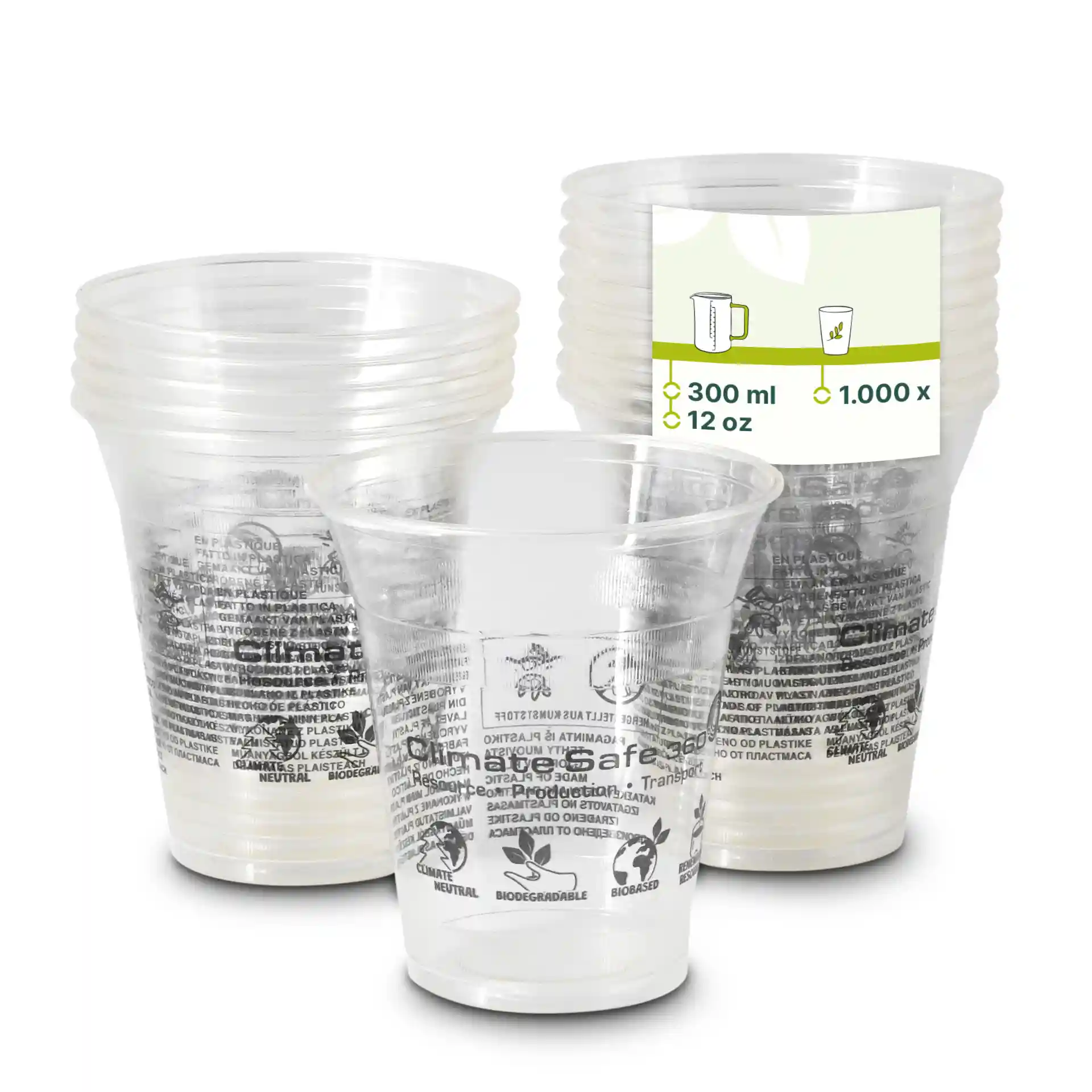 Gobelets à smoothie PLA transparents de 12 oz empilés avec une étiquette visible indiquant une capacité de 300 ml et 1000 unités.