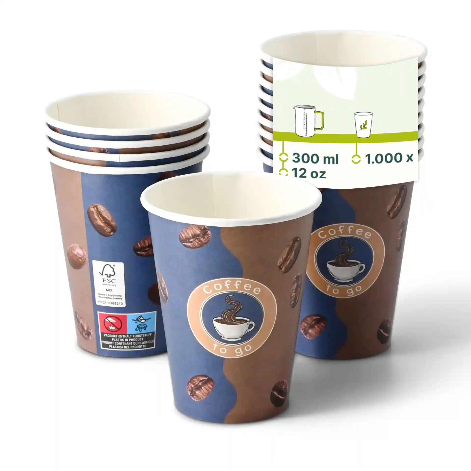 Empilement de gobelets en papier imprimés avec un design de grains de café, forme ronde et logo visible "Coffee to go".