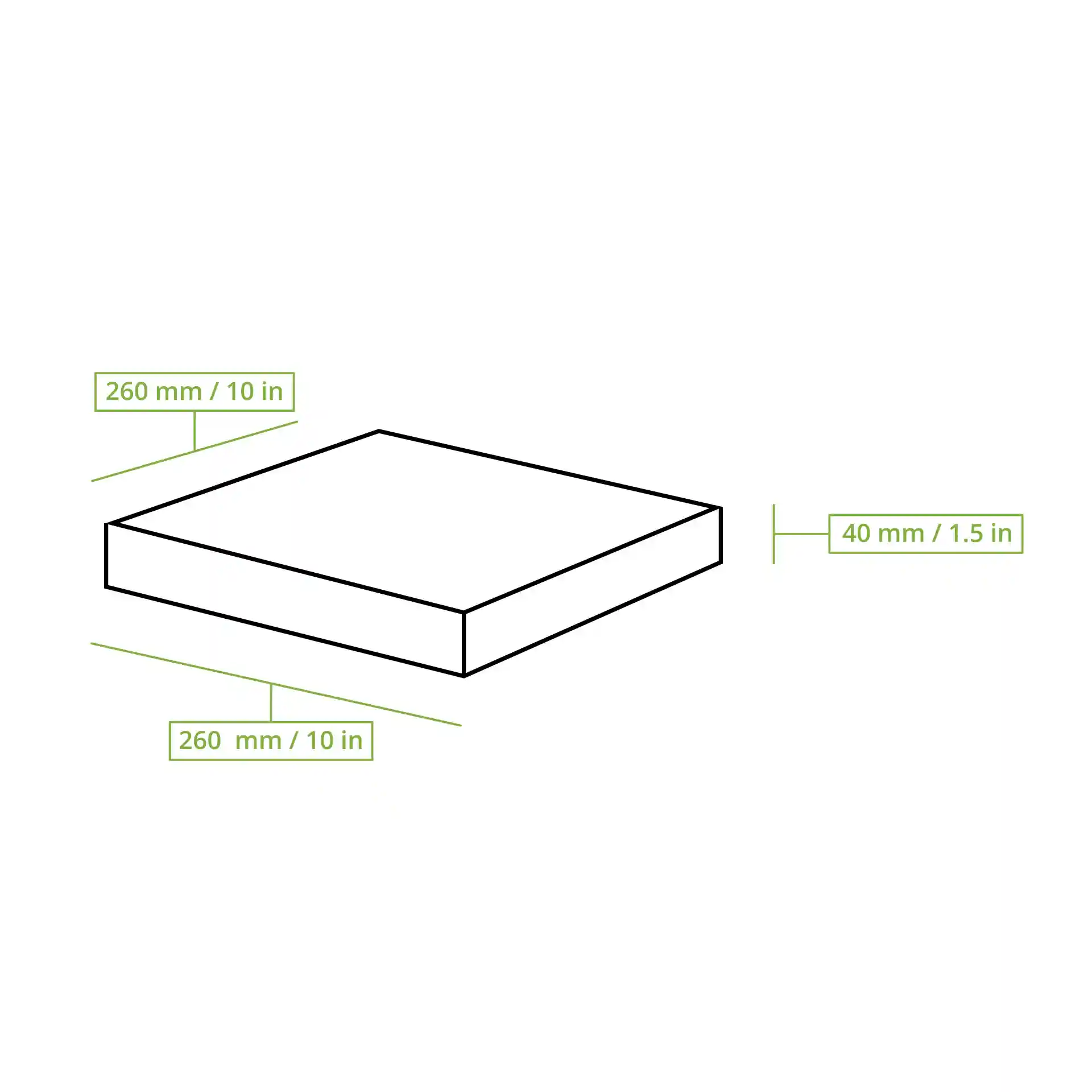 Dessin schématique d'une boîte à pizza carrée avec des dimensions de 260 mm par 260 mm et une hauteur de 40 mm.