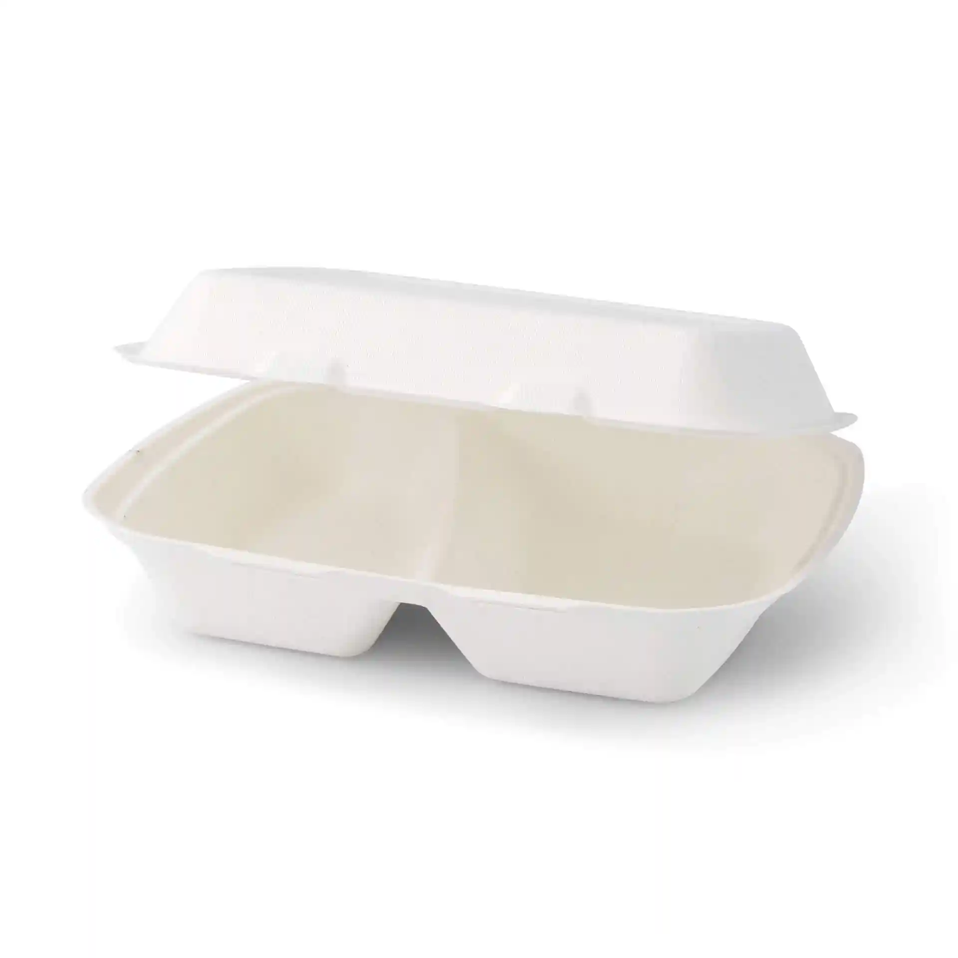 Conteneur rectangulaire blanc en canne à sucre avec un couvercle à charnière, deux compartiments et un design ouvert.