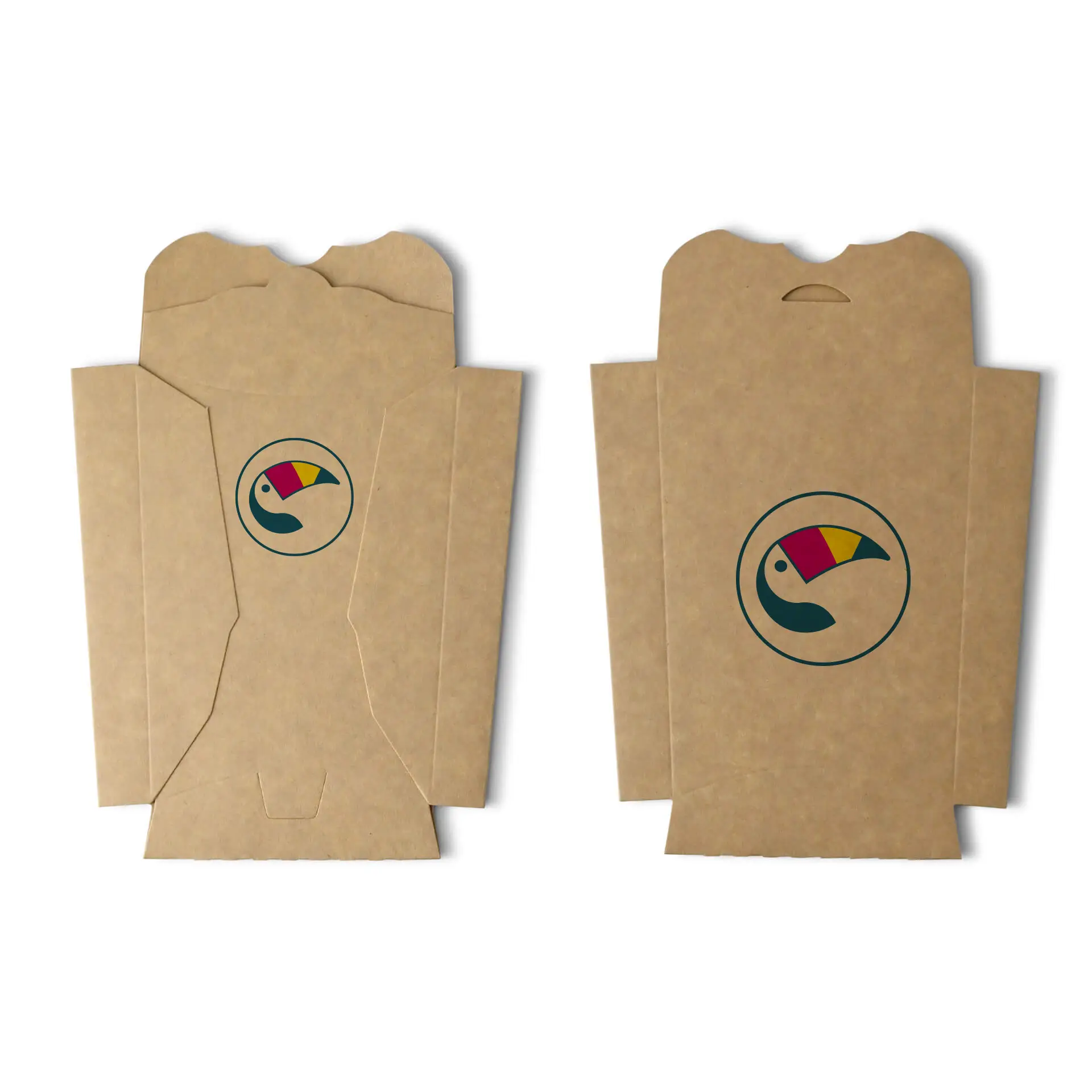 Boîtes à chips personnalisées en carton brun, avec un logo coloré; comprend un couvercle pratique pour un emballage sécurisé.