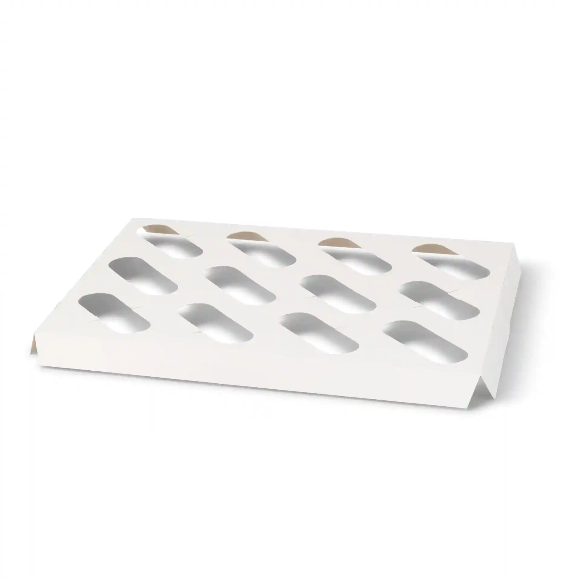 Insert en carton blanc pour boîtes à cupcakes avec découpes pour 12 pièces, de forme rectangulaire et bords surélevés.